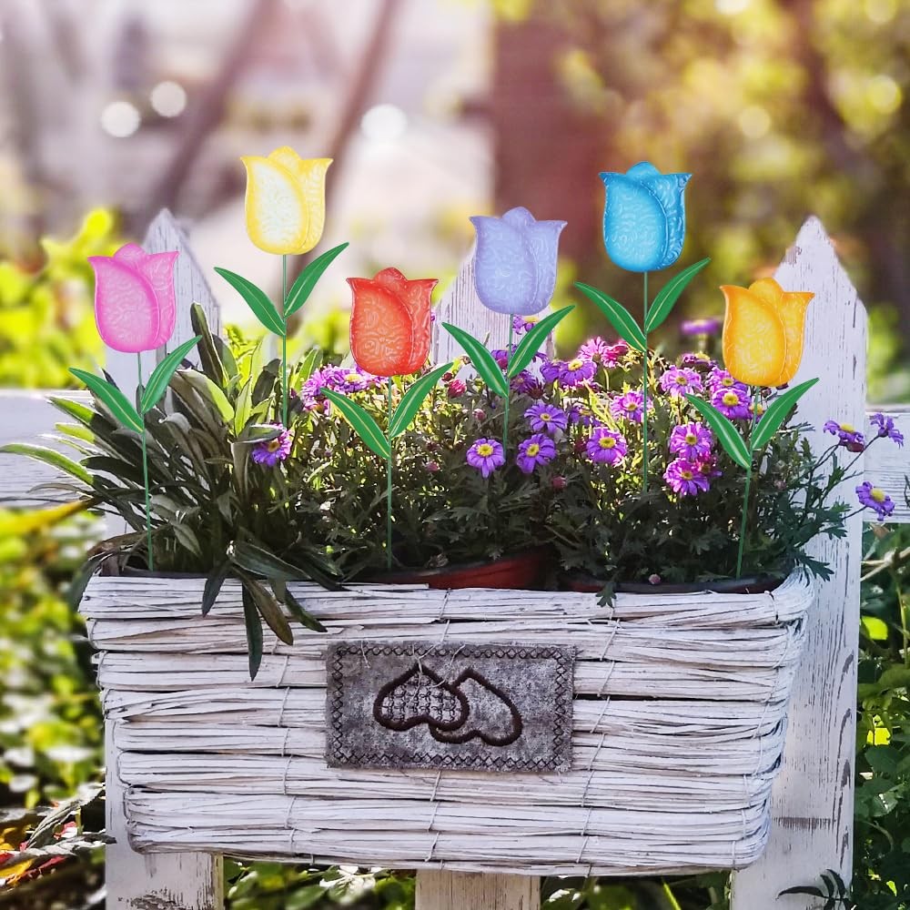Metal Tulip Flower Stakes Set of 6 Decorative Garden Decor for Outdoors