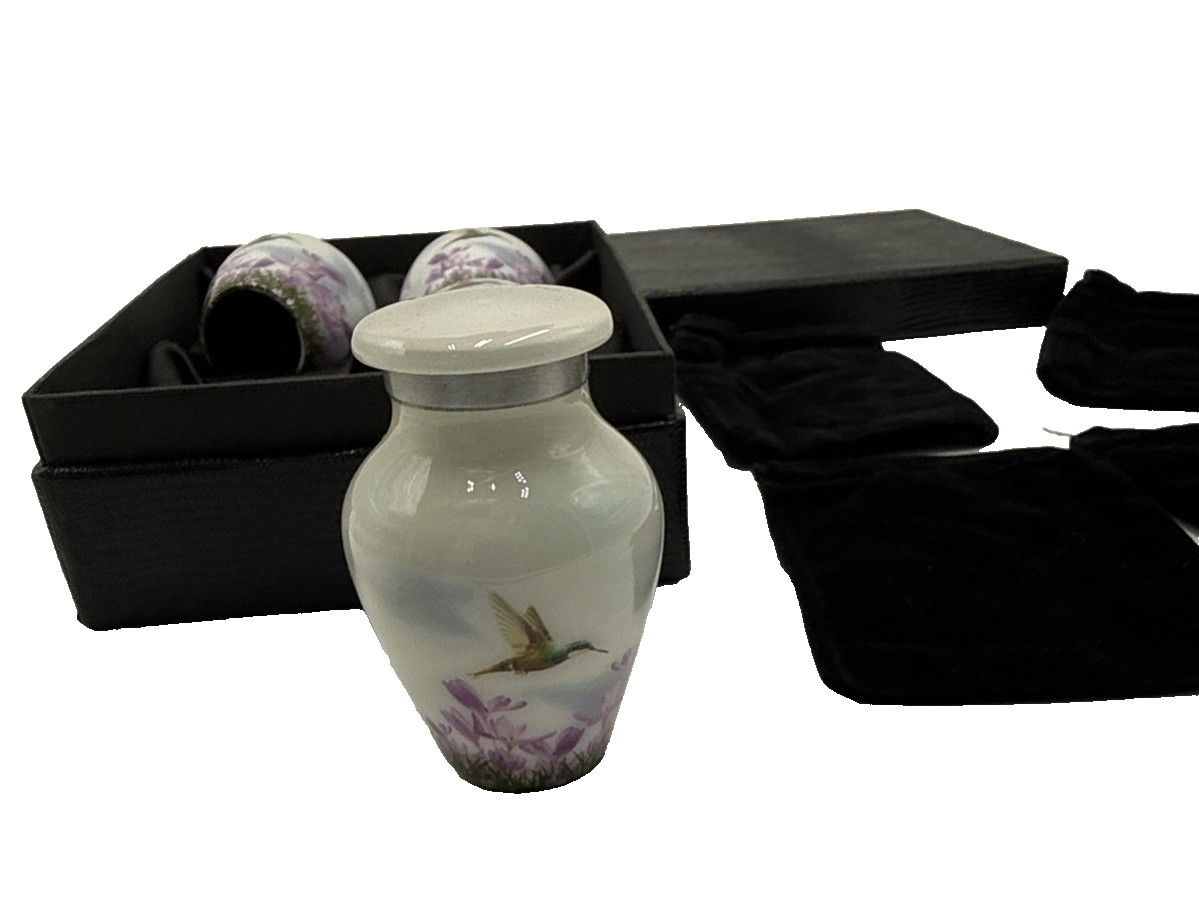 4 White Hummingbird Keepsake Urns Mini Memorial Ashes Human Pet Set