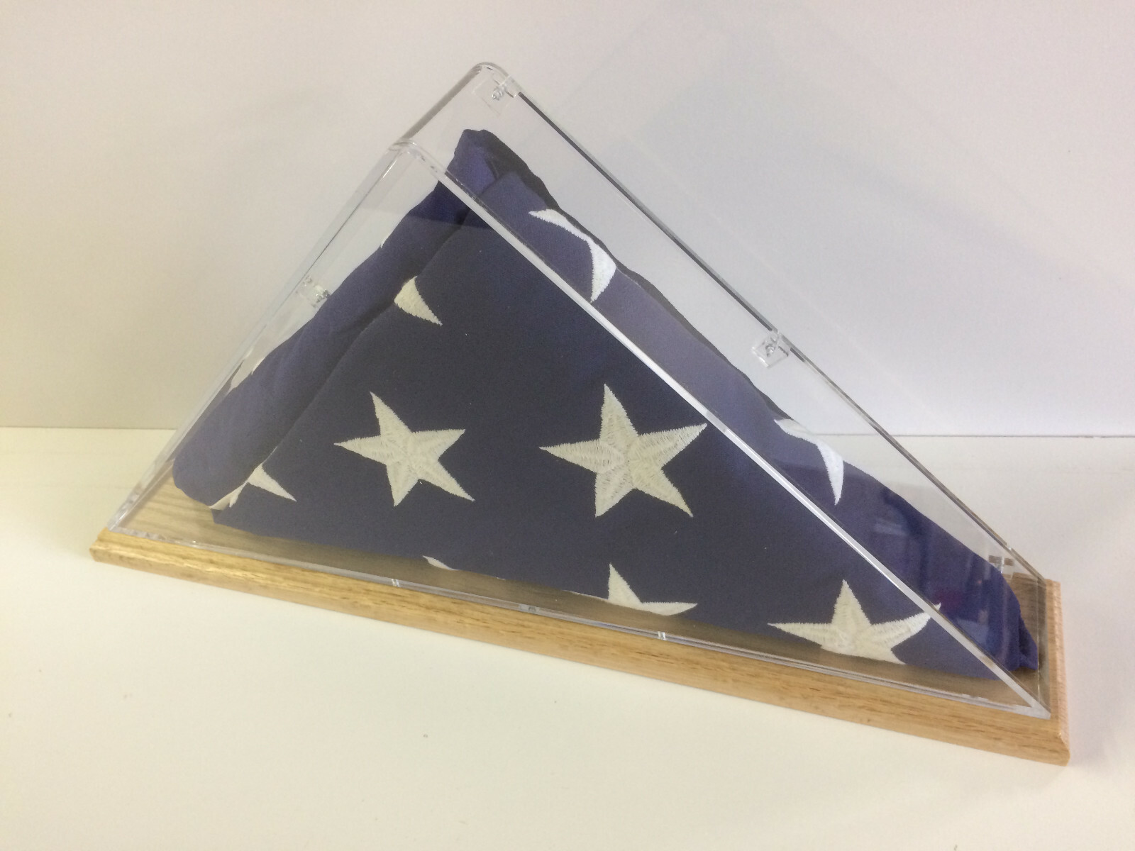 Burial casket flag acrylic display case with oak base veterans memorial 5′ x 9.5