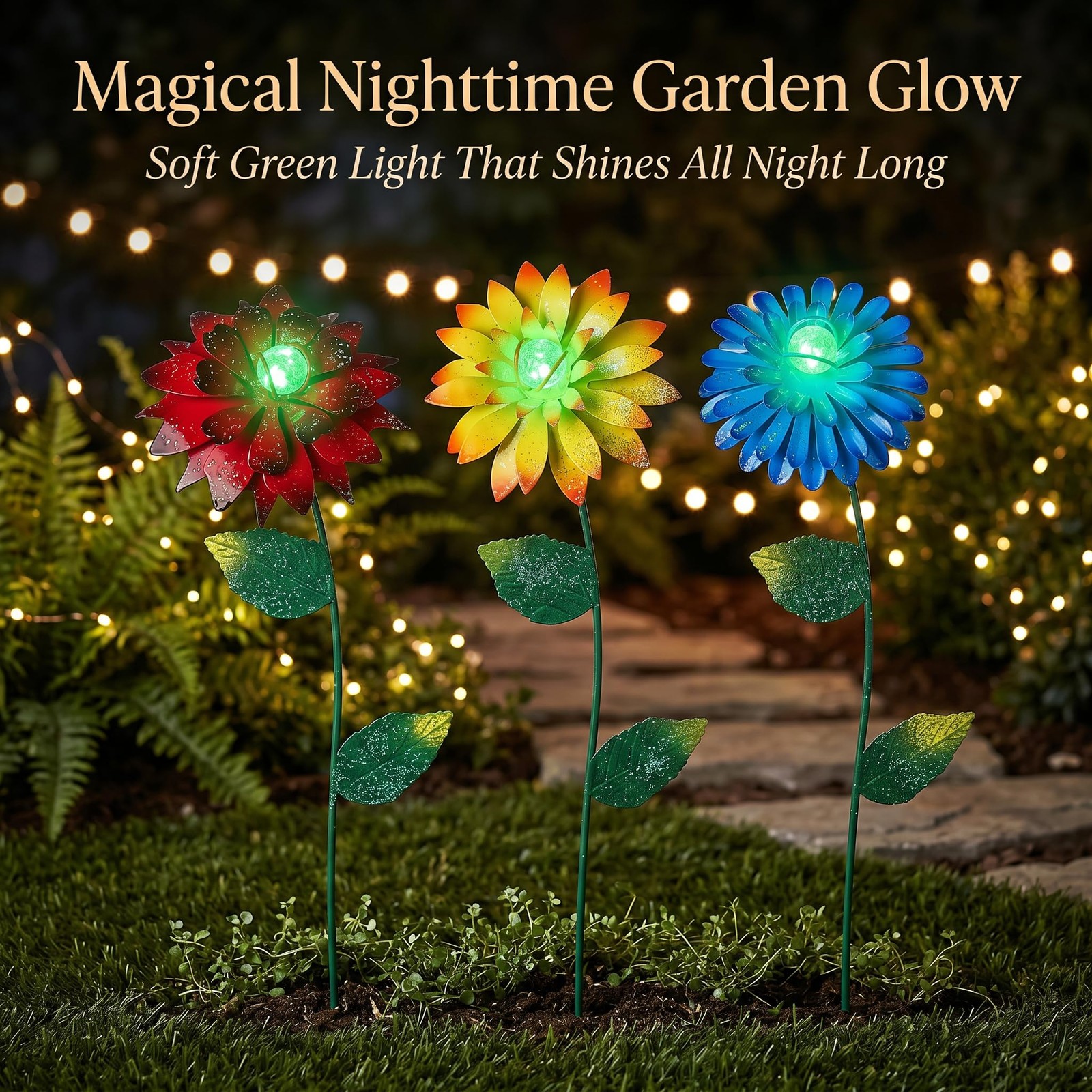 14 Inch Glow in The Dark Flower Garden Stakes, 3 Pack Colorful Metal Yard Dec…