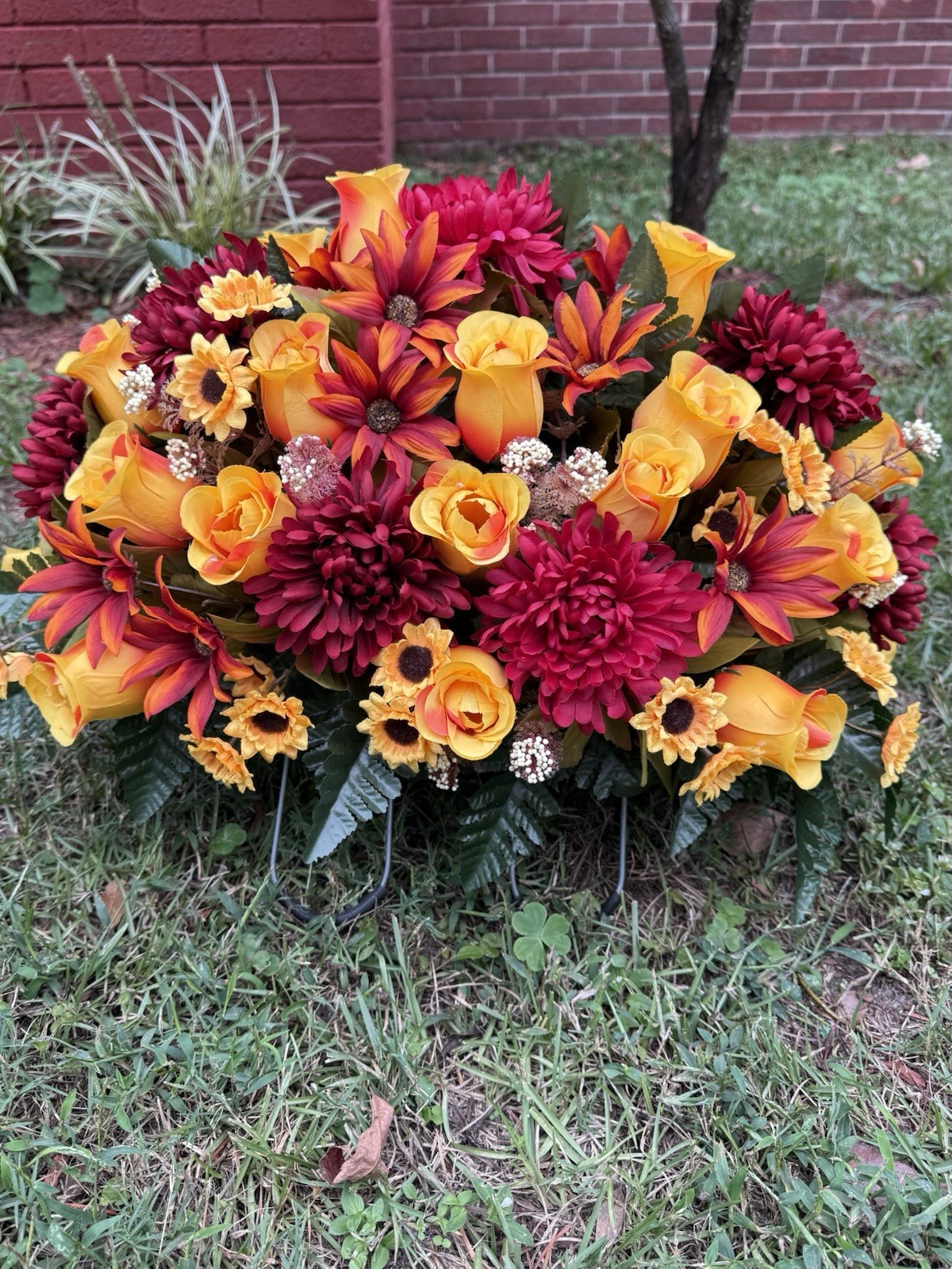 Cemetery Memorial Headstone Saddle Silk Flower Burgundy, Dark Pink & Yellow