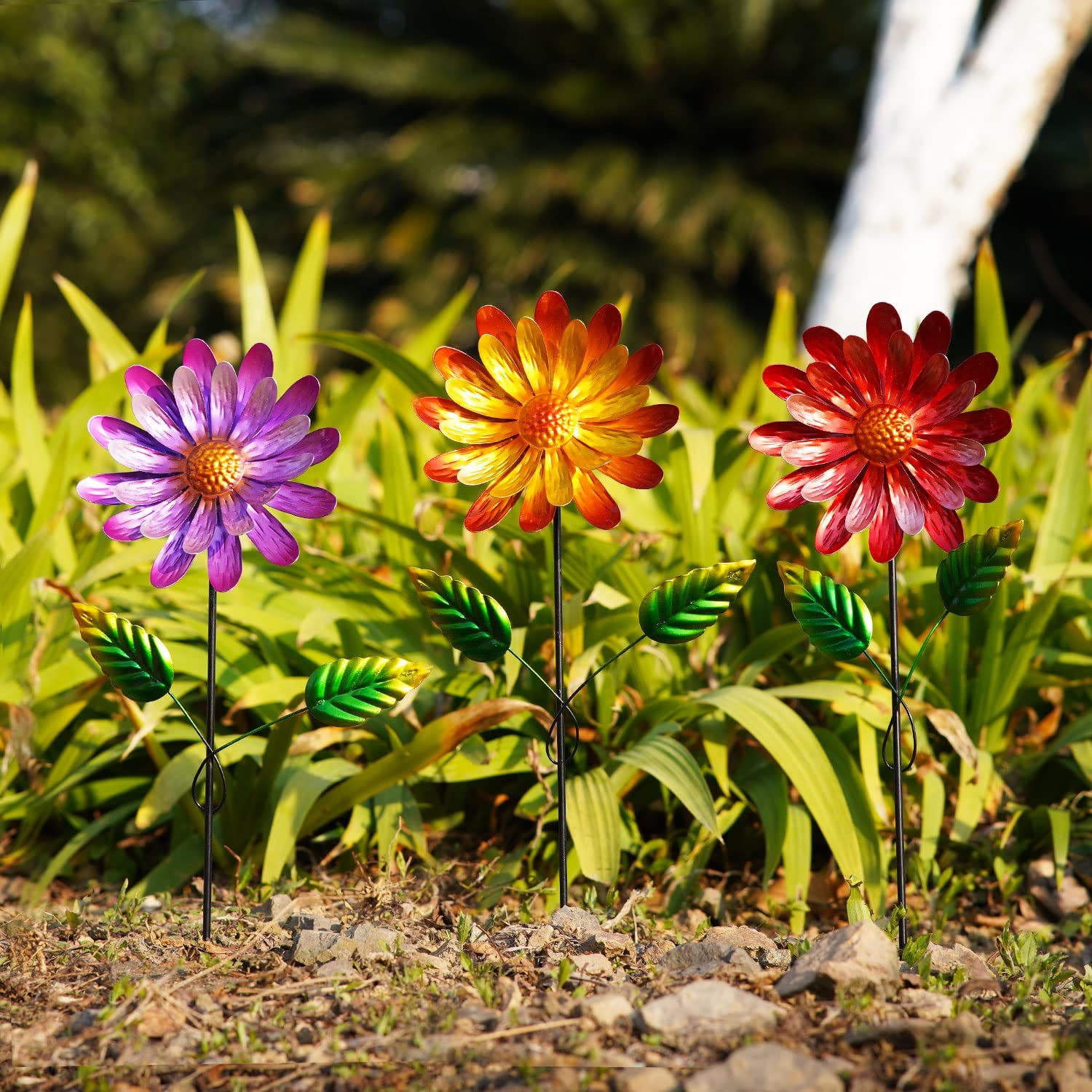 Set of 3 Metal Flower Garden Stakes Yard Lawn Ornaments Plant Pot Decor