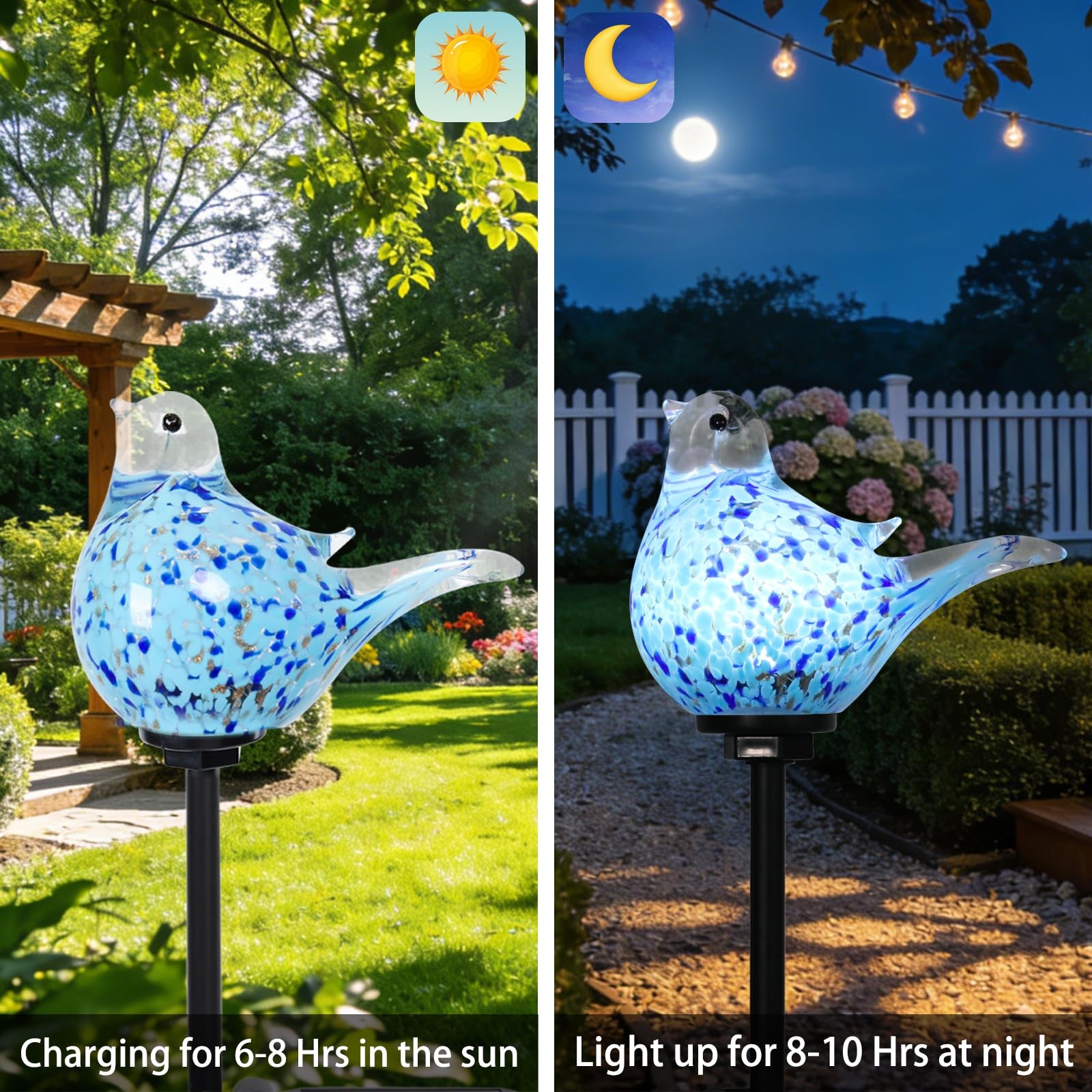 MUMTOP Solar Garden Lights Outdoor Blue Bird Hand-Blown Glass Solar Stake Lig…
