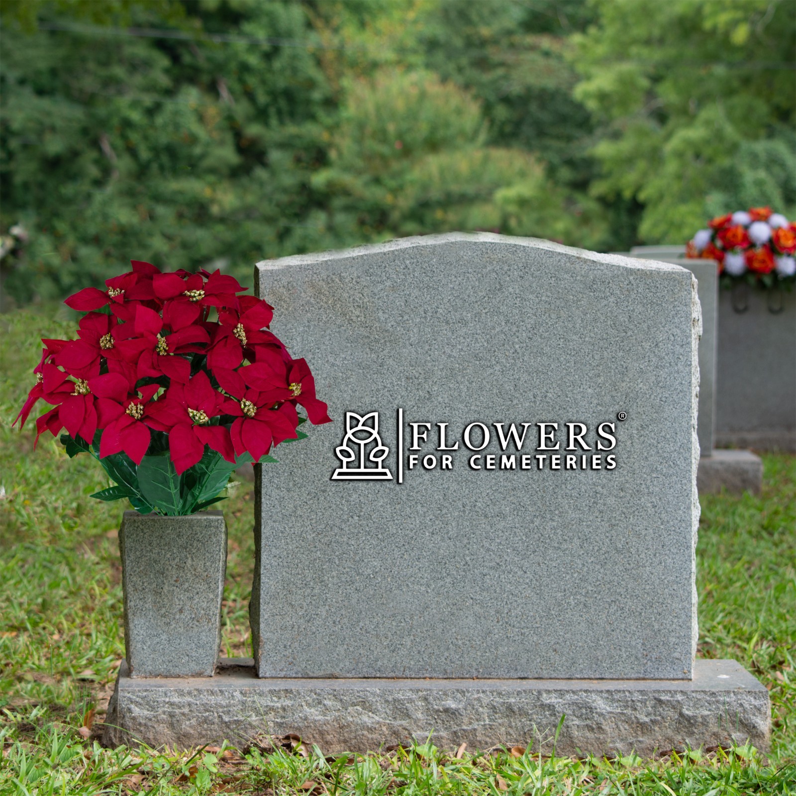 Artificial Cemetery Flowers – Red Poinsettias with Gold Glitter Bouquet