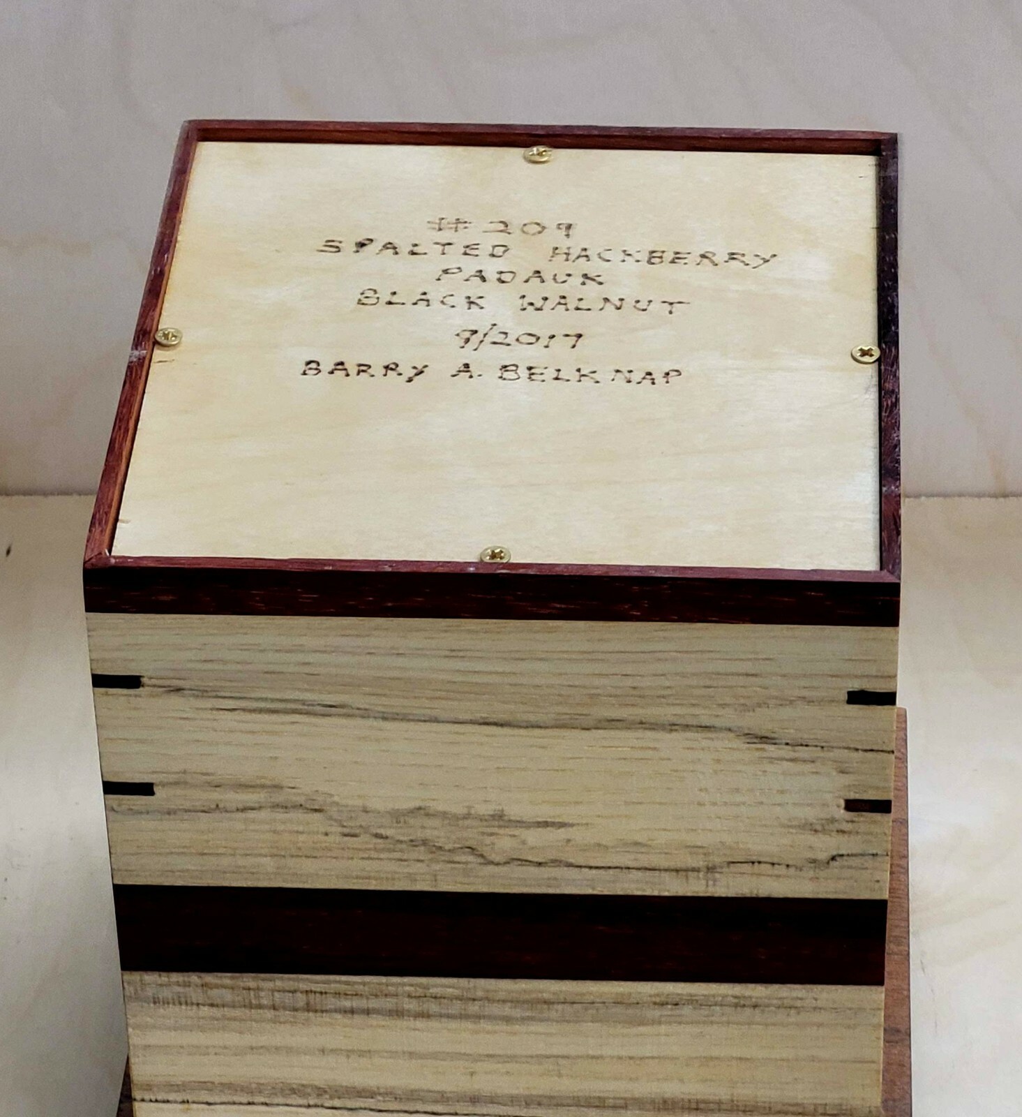 Handcrafted Spalted Hackberry, Black Walnut, & Padauk Pet Human Urn 209