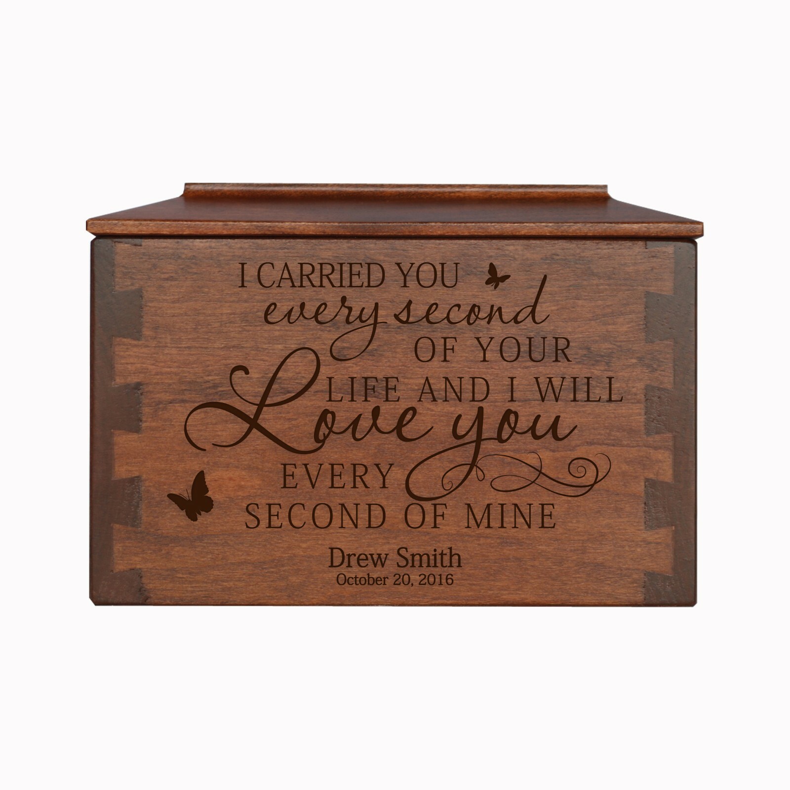 Custom Engraved Dovetail Cremation Urn Box for Human Ashes 7.75″ Every Second of