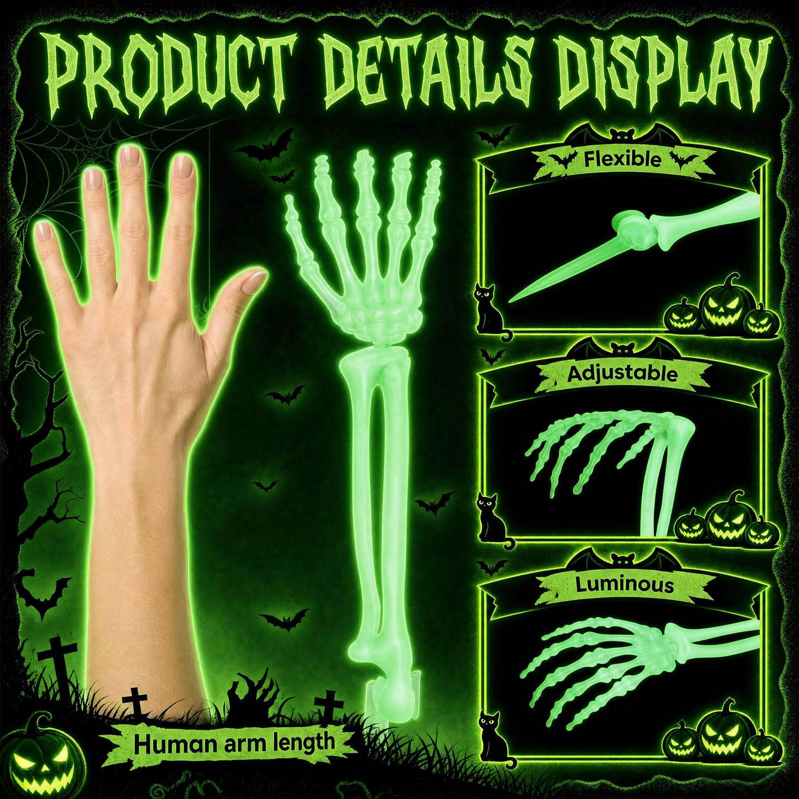 12 Pcs Halloween Luminous Skeleton Arm Decorations Glow in the Dark Realistic…