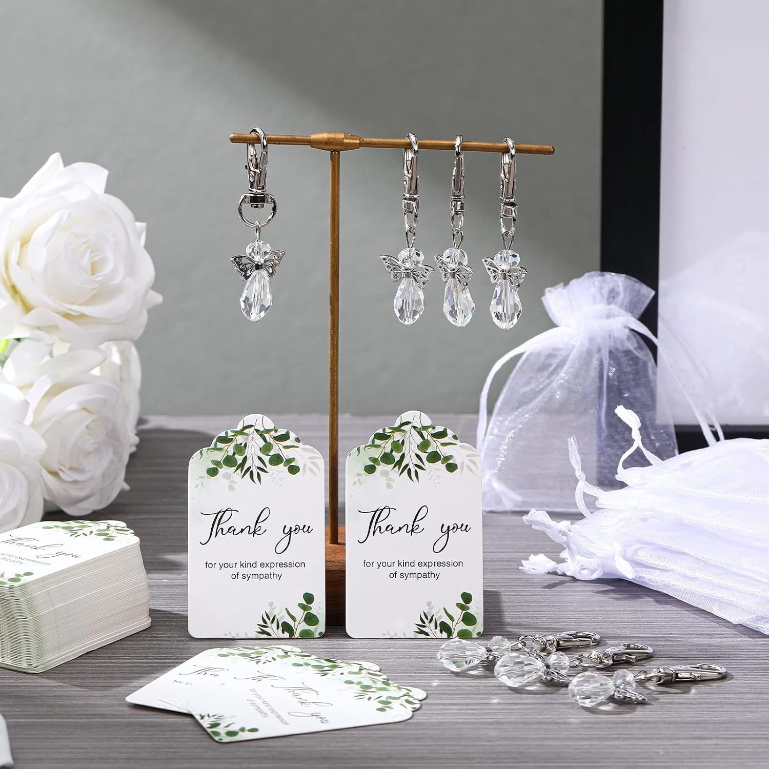 60 Sets Memorial Favors with Angel Keychains, Thank You Tags & Organza Bags