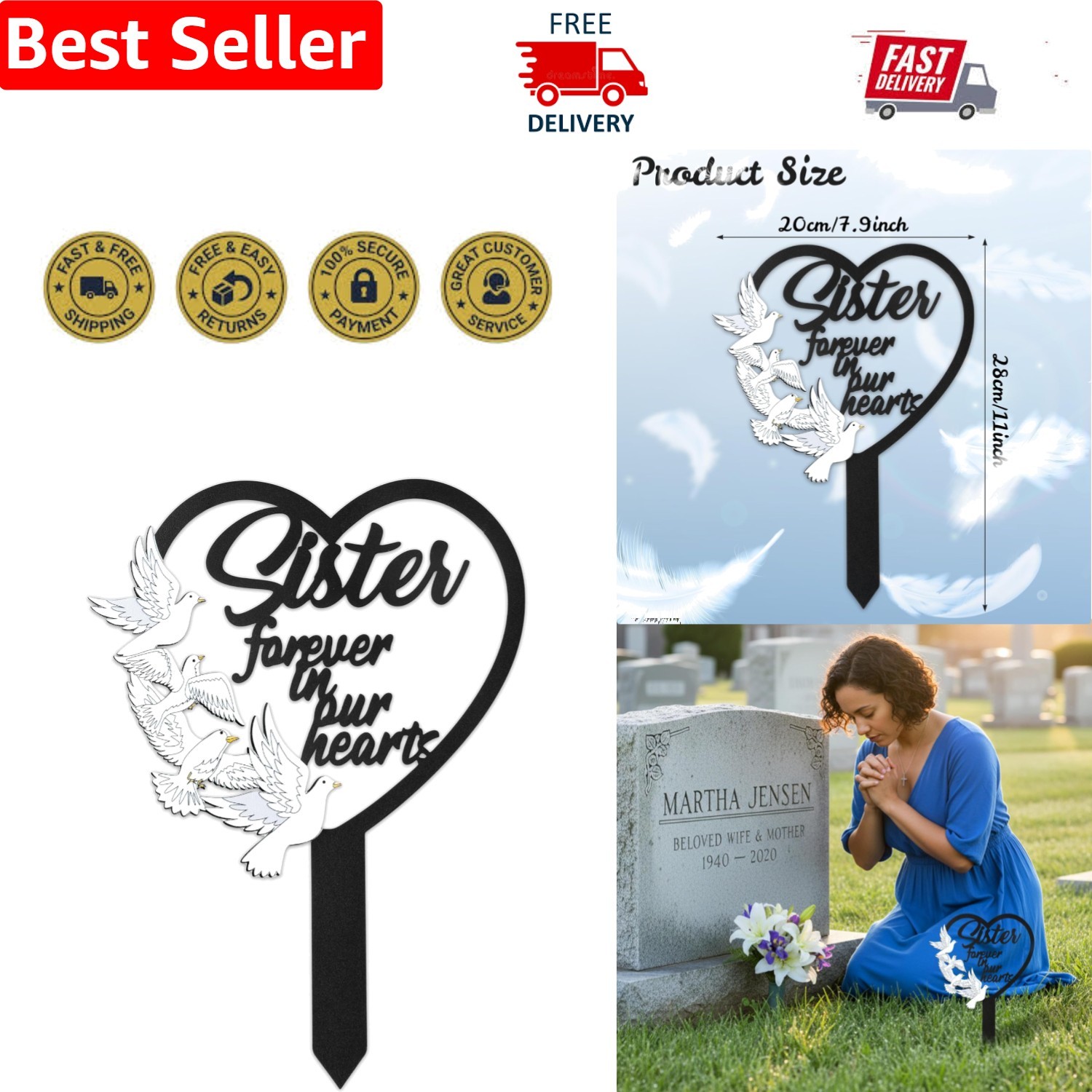 Elegant Sister Memorial Grave Marker – Heart Dove Sympathy Plaque for Outdoor