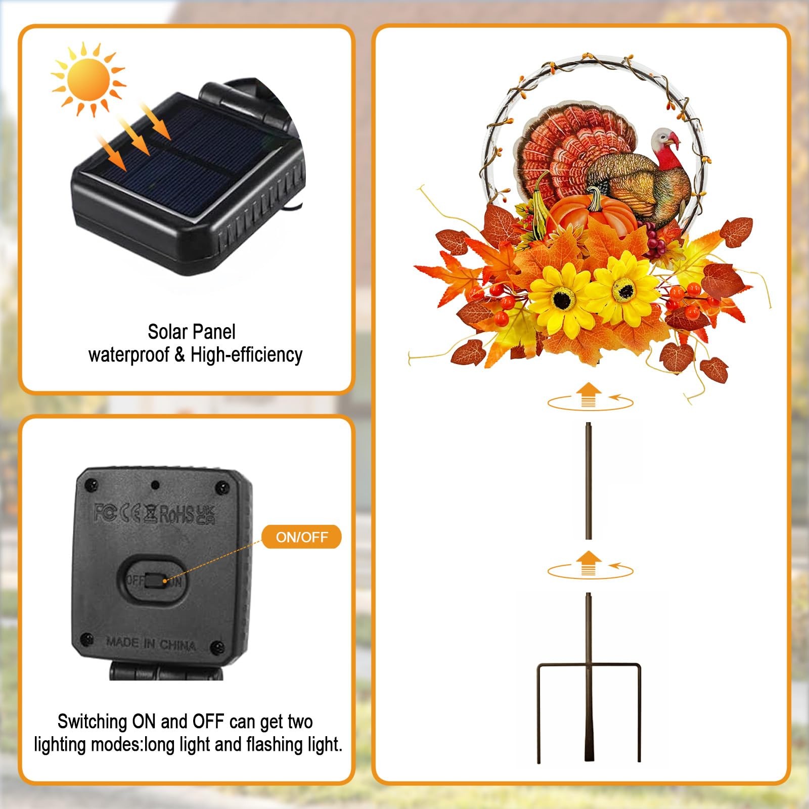 Multi-Color Solar Thanksgiving Turkey Outdoor Decor for Yard & Patio
