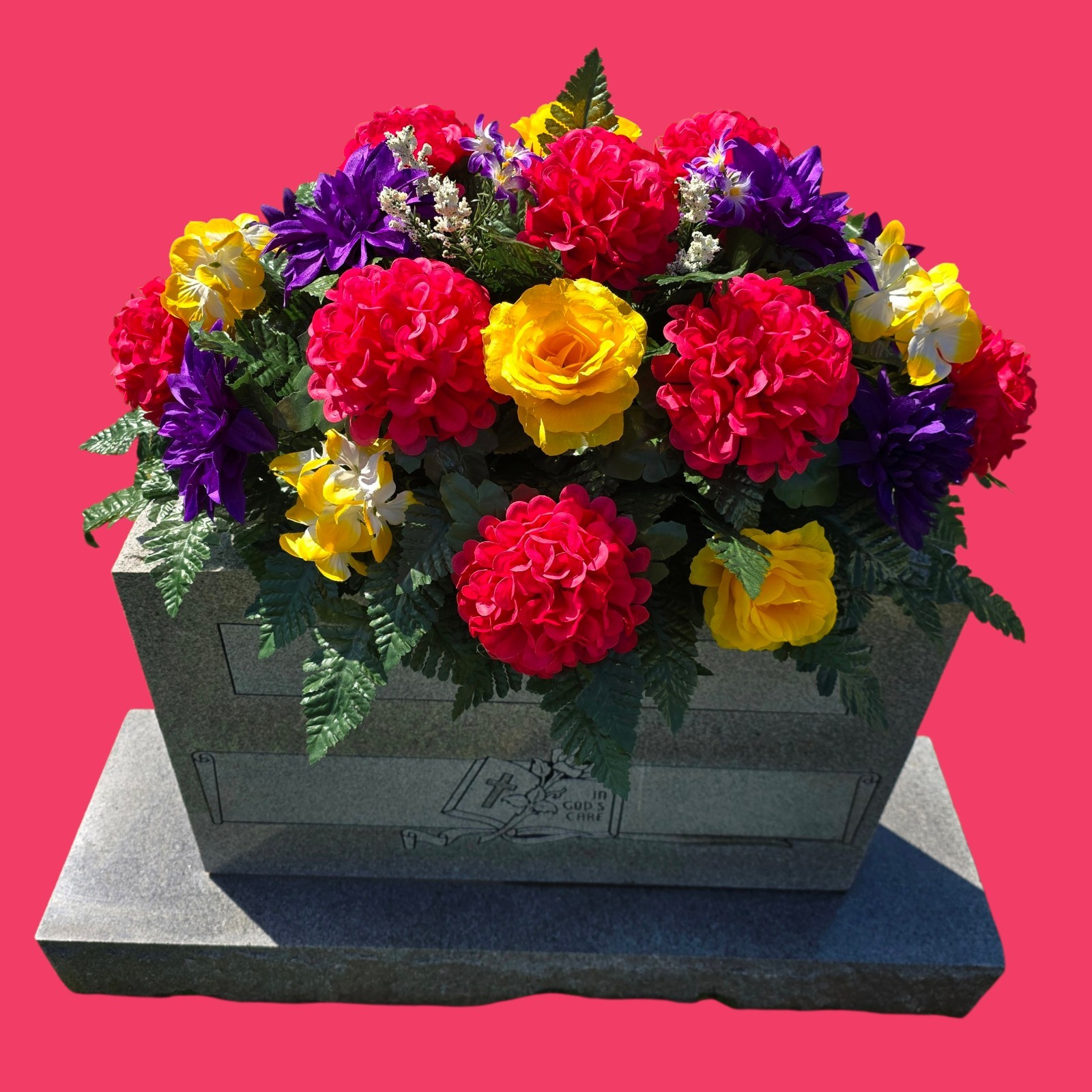 PURPLE,YELLOW, AND PINK CEMETERY HEADSTONE SADDLE WITH CEMETERY FLOWERS