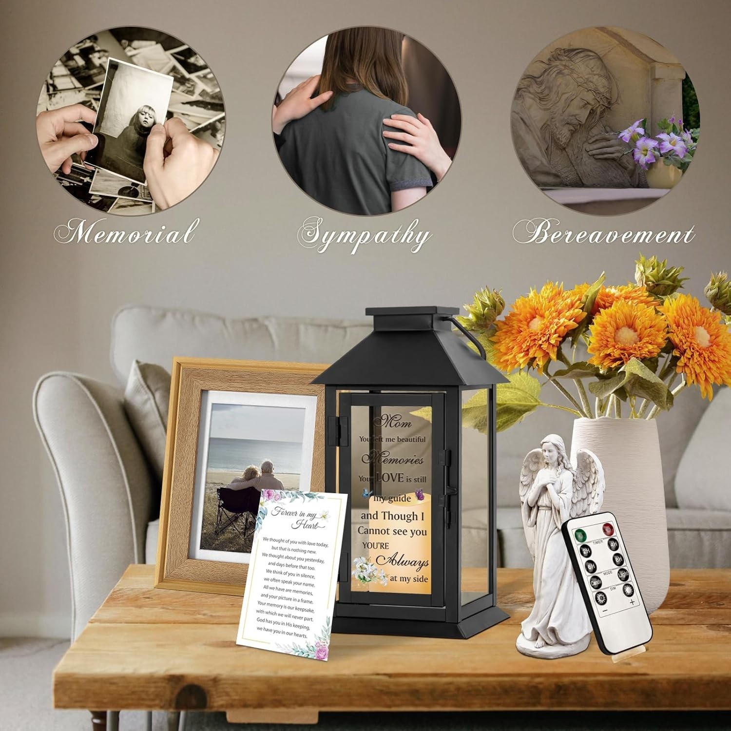 Elegant Memorial Lantern for Loss of Mother with Remote LED Candle – 14.2 Inches