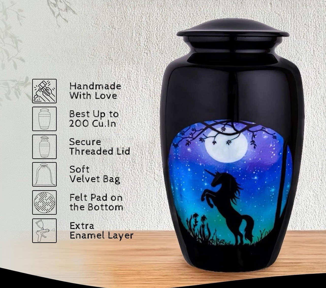 Large Black Unicorn Under The Moonlight Sky Cremation Urn For Ashes