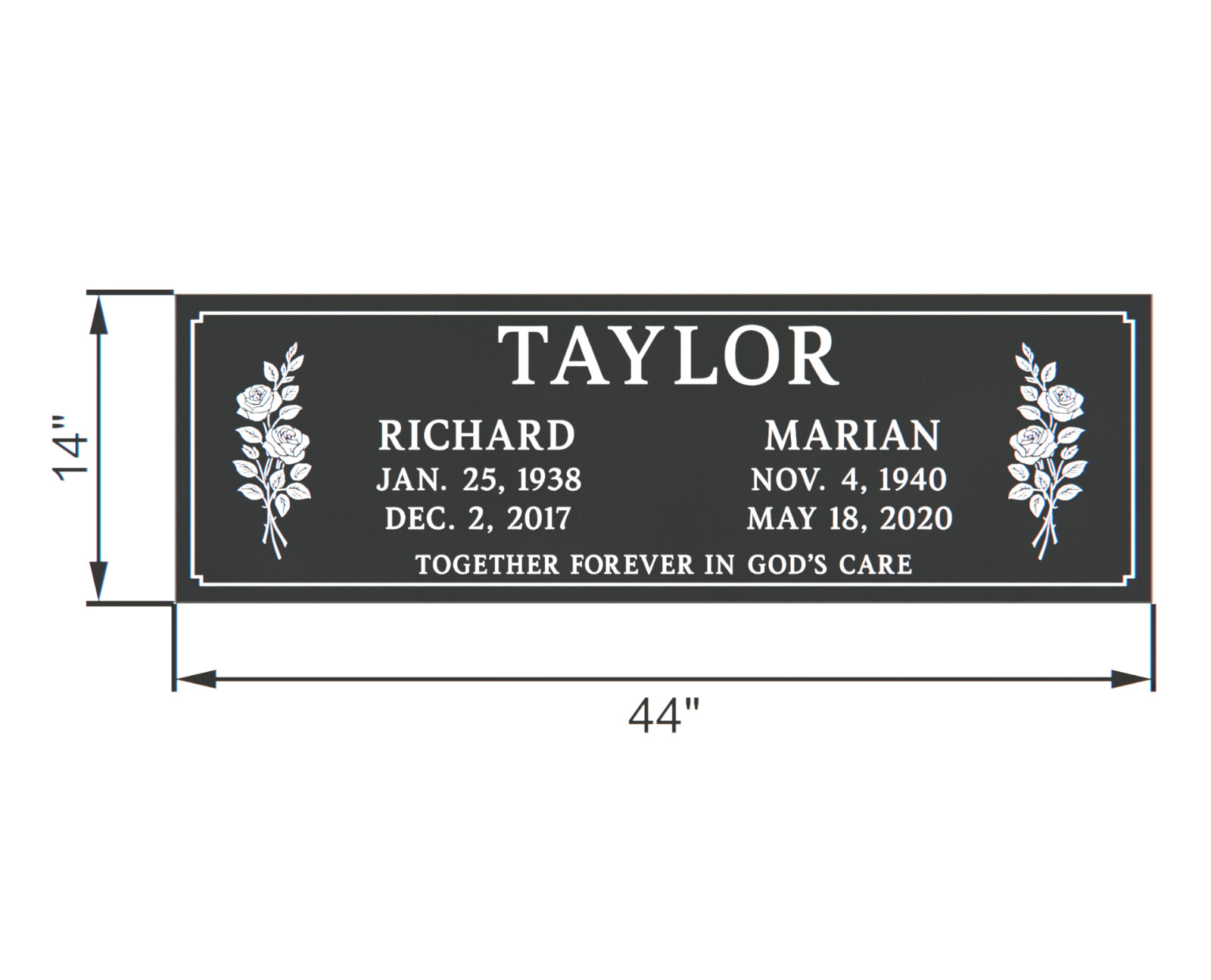 Custom Black Granite Headstone 44x14x3 – Companion Memorial Stone with Flowers