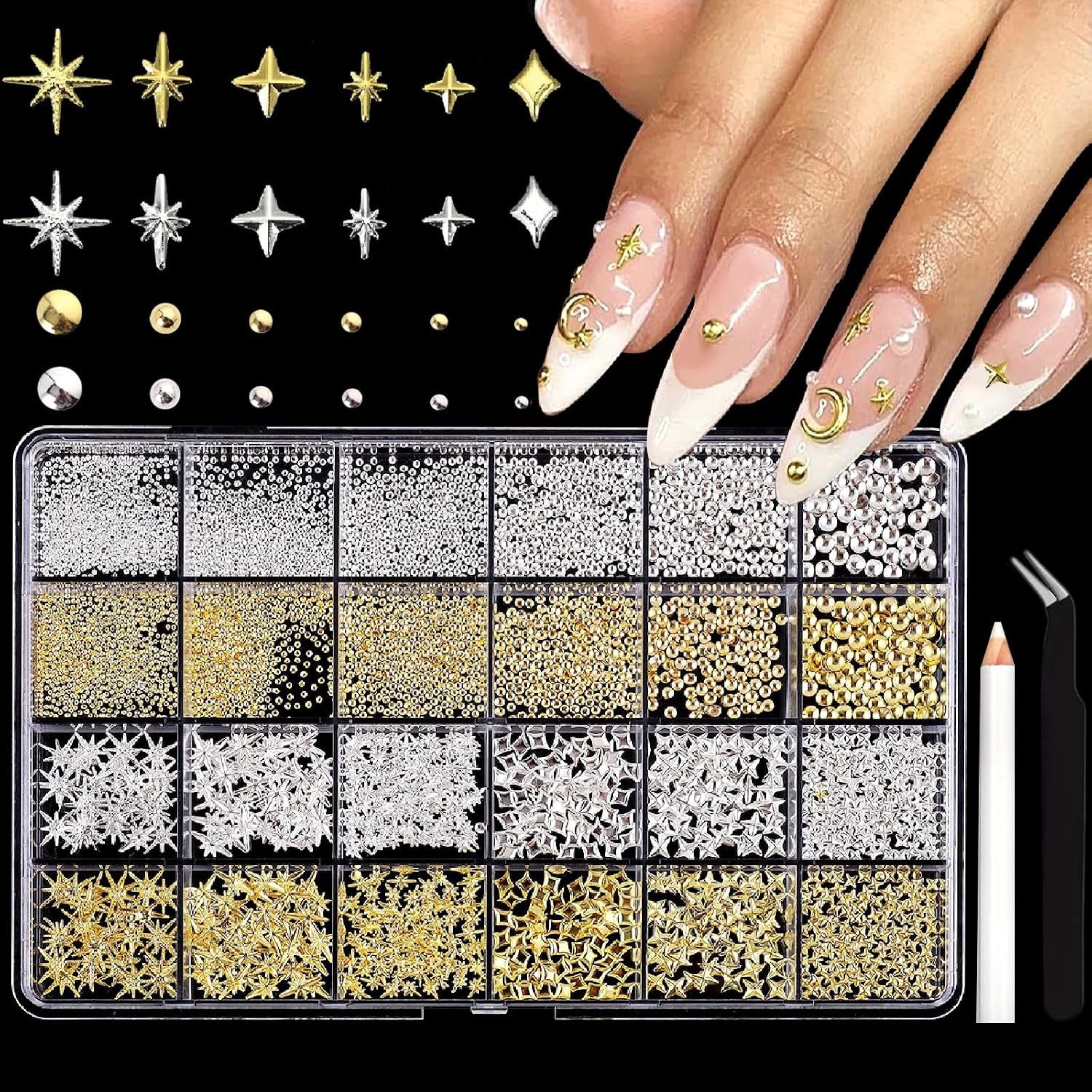 3D Nail Charms Gold Silver Metal Nail Art Gems Rhinestones Caviar Beads Kit
