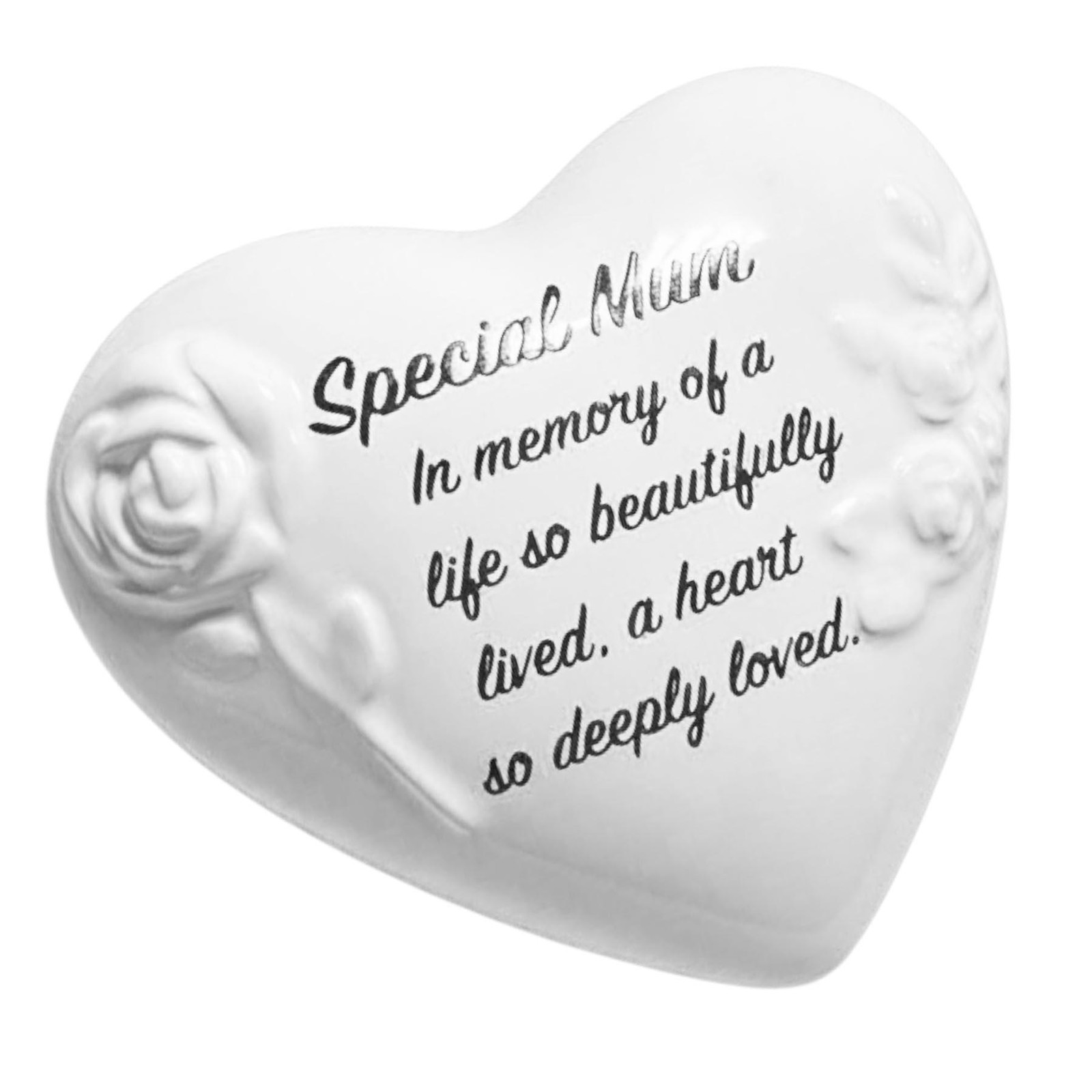 Memorial Heart Plaque with Flowers Wording Glazed Finish Grave Ornament – Mum