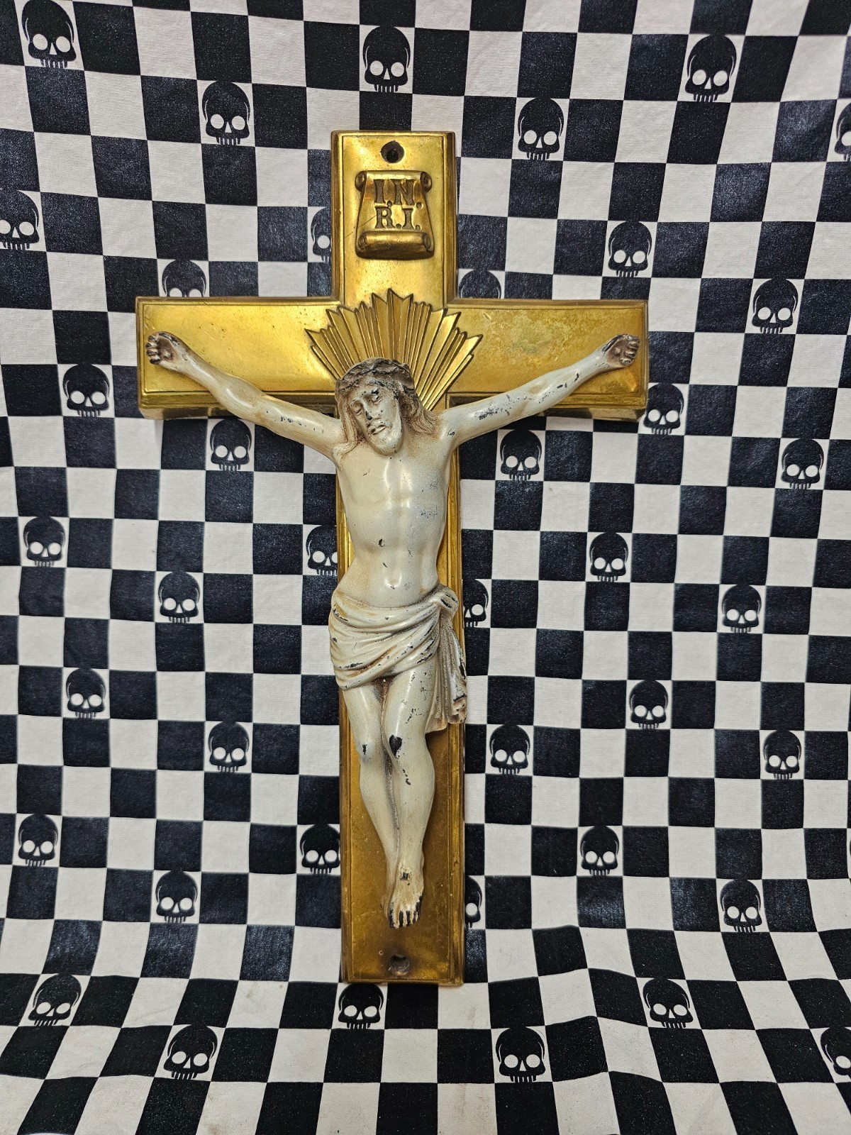 Vintage Funeral Casket Burial Cross Crucifix Brass 13″ Mid Century