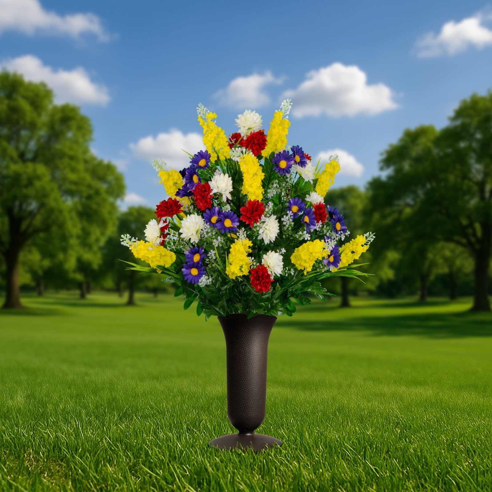 Artificial Cemetery Flowers – Yellow Red Wildflowers with Cemetery Vase Included
