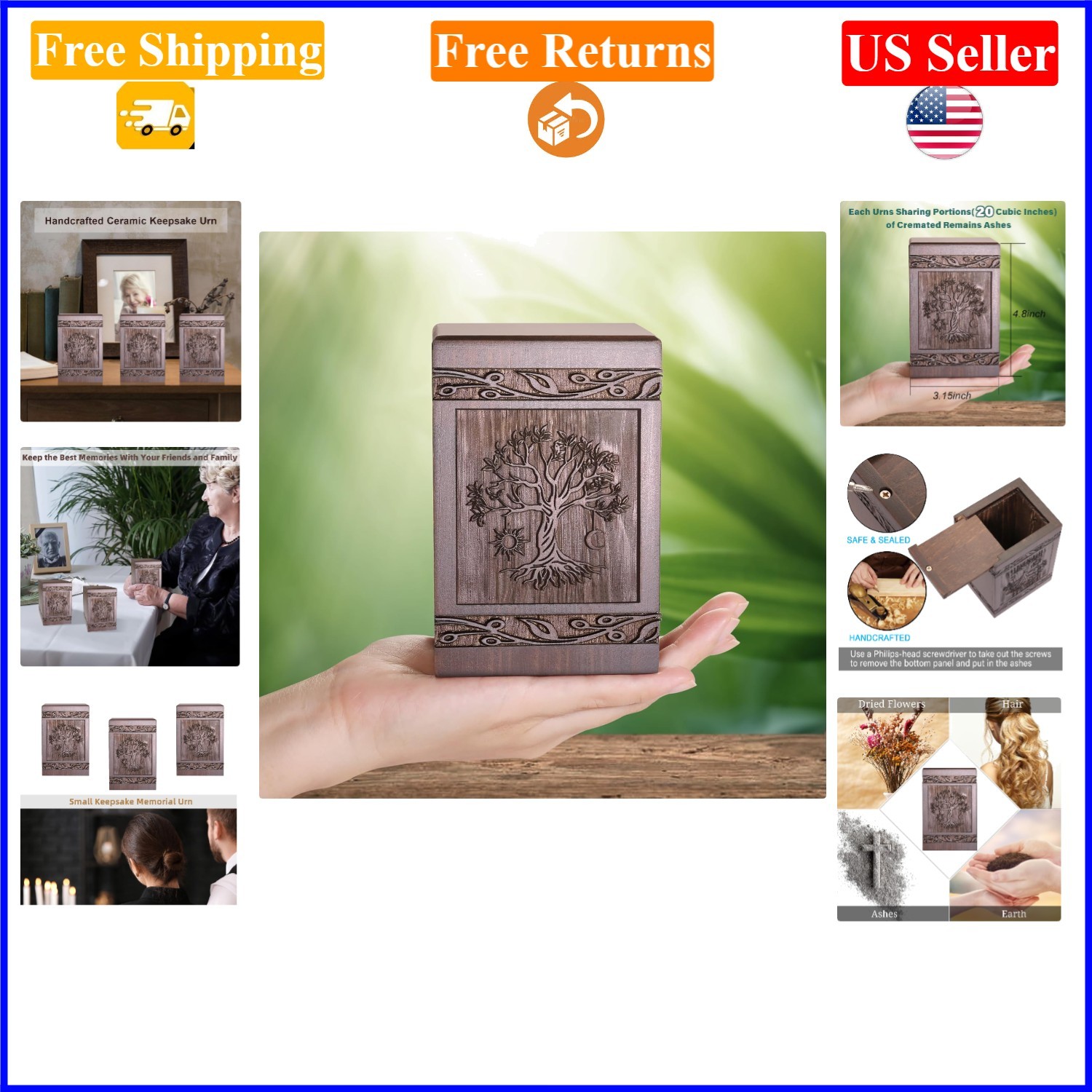 Walnut Wooden Small Keepsake Urn for Human or Pet Ashes, 20 cu in, Retro Style