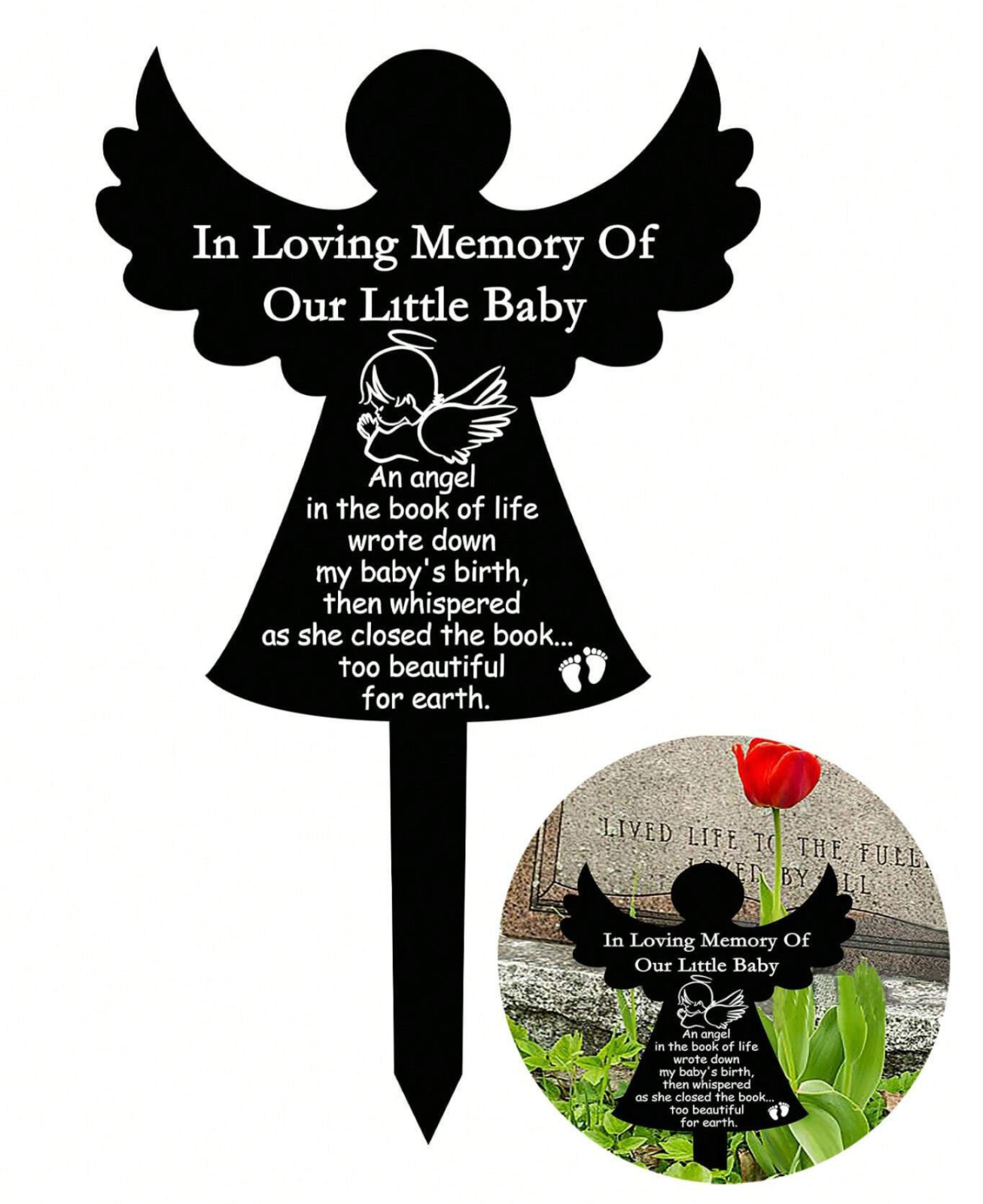 Miss You Memorial Headstone Decorative Stake for Baby. Black/White, 8 “, Durable