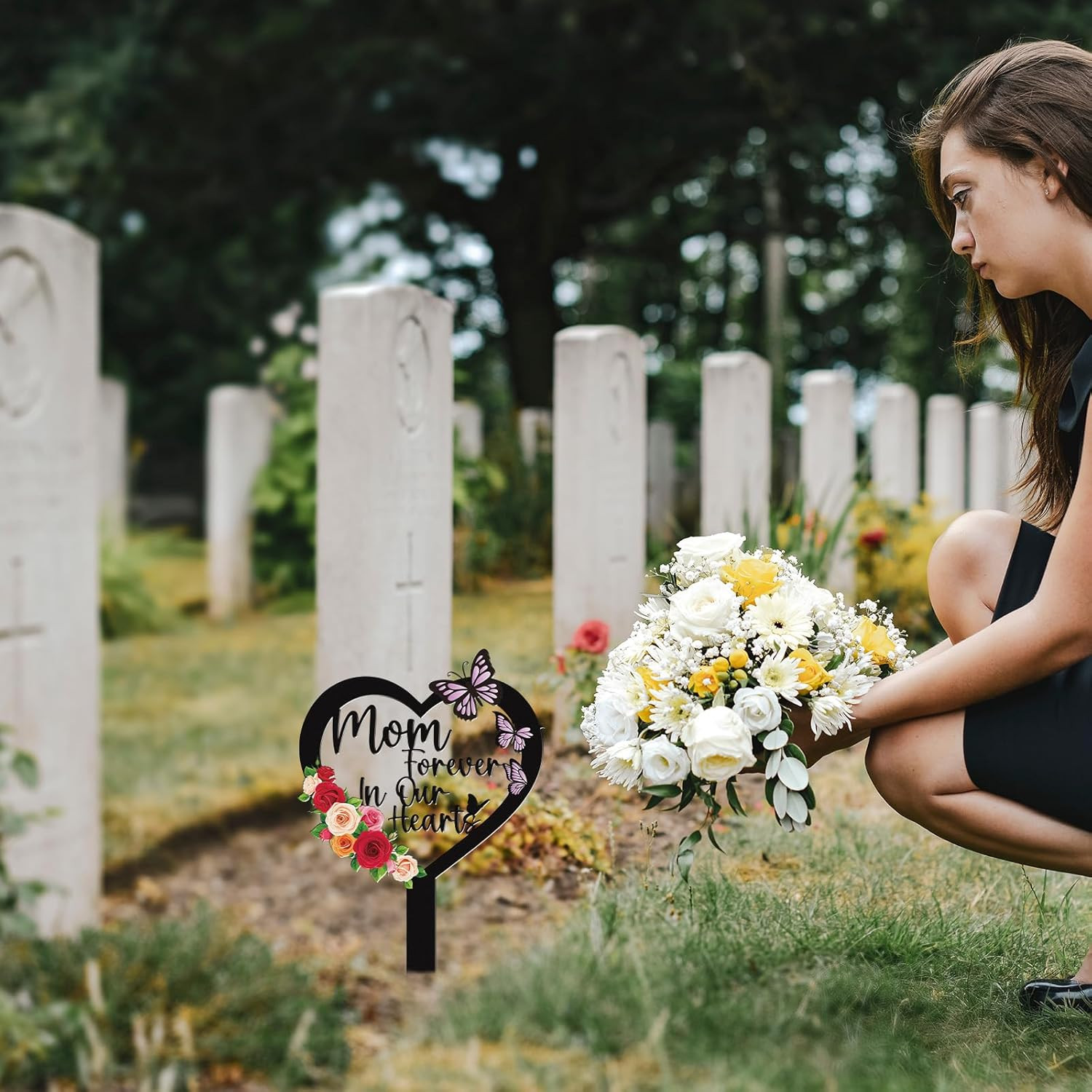 Mom Grave Decorations for Cemetery, Mom Forever in Our Hearts Sympathy Memorial