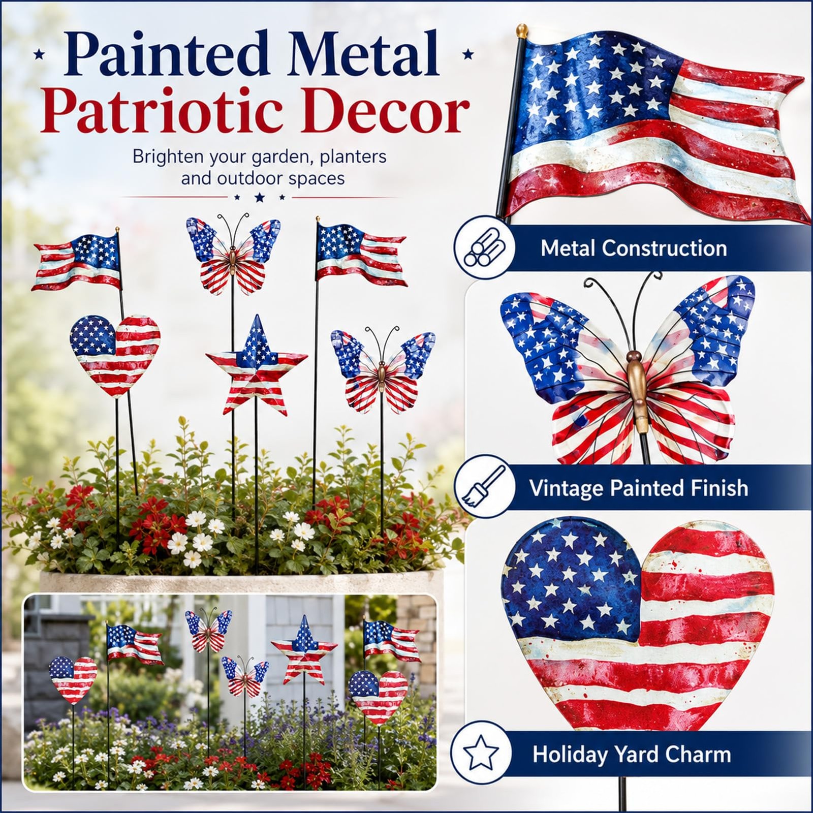 8 Pcs 4th of July Decorations Outdoor,Patriotic Metal Stars Butterflies Heart…