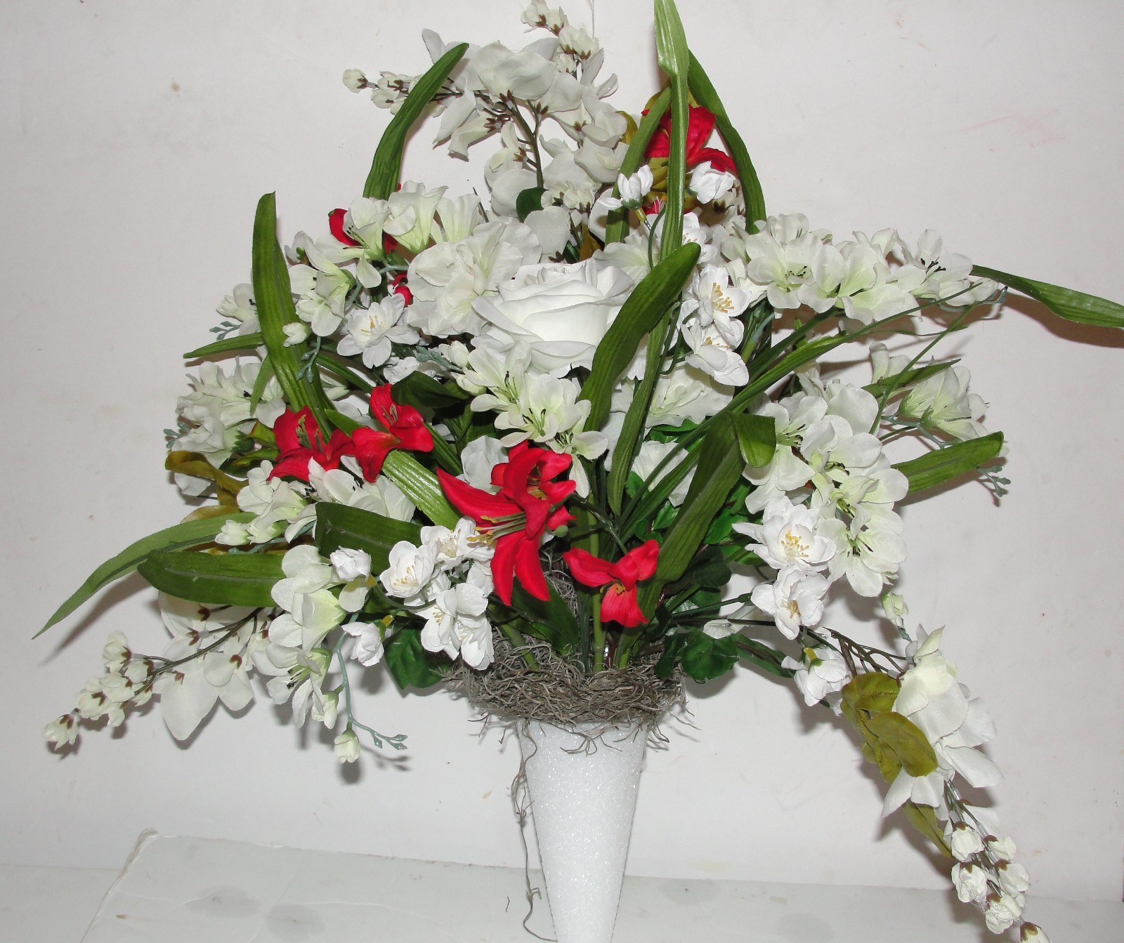 XL White Headstone Cemetery Saddle w/ touch of Red and Two Side Urn Arrangements