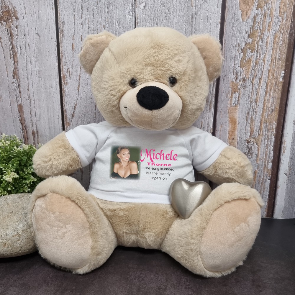 Silver Heart Urn Photo Teddy Bear 40cm Cream, Loss, Remembrance, Sympathy Gift