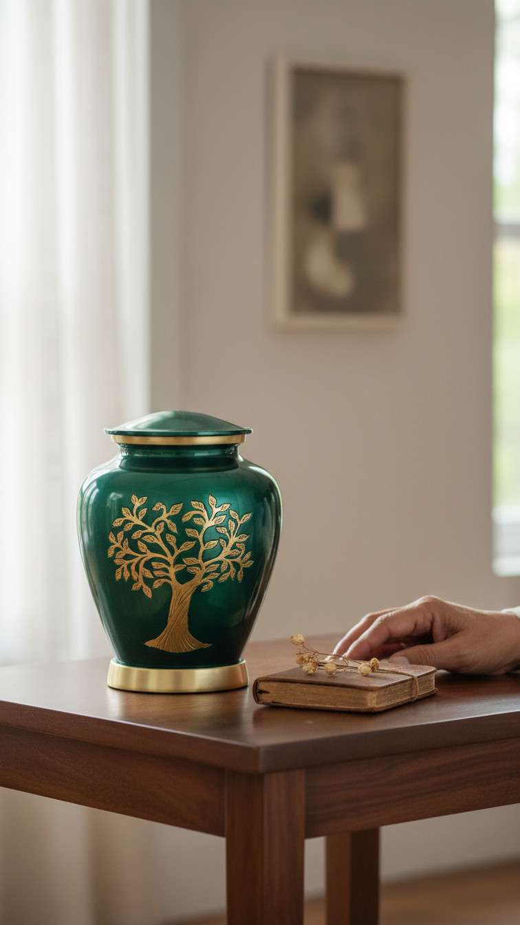 Handcrafted Tree Urn Green Gold – Adult Ashes Urn – Elegant Memorial Urn