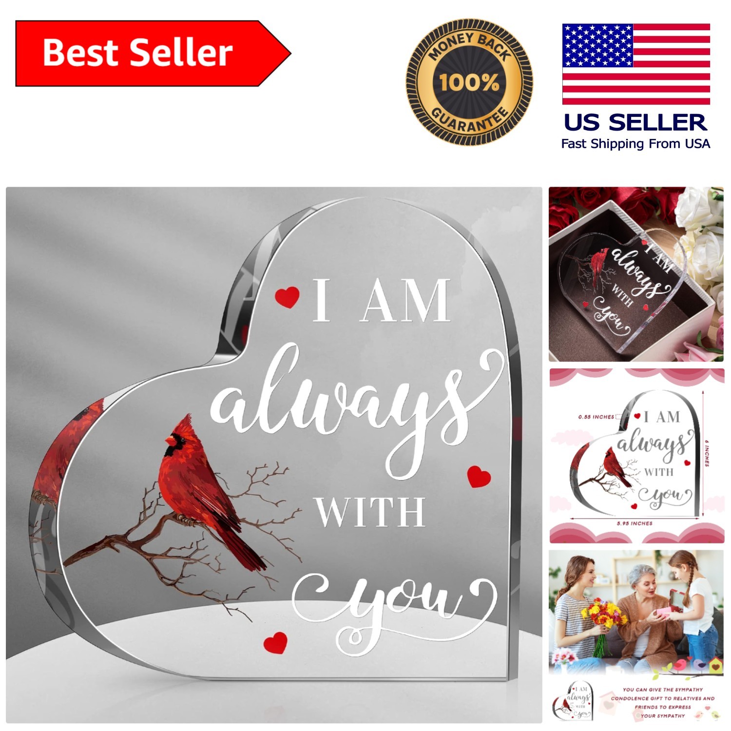 Beautiful Red Cardinal Sympathy Gift – Freestanding Acrylic Heart for Loss