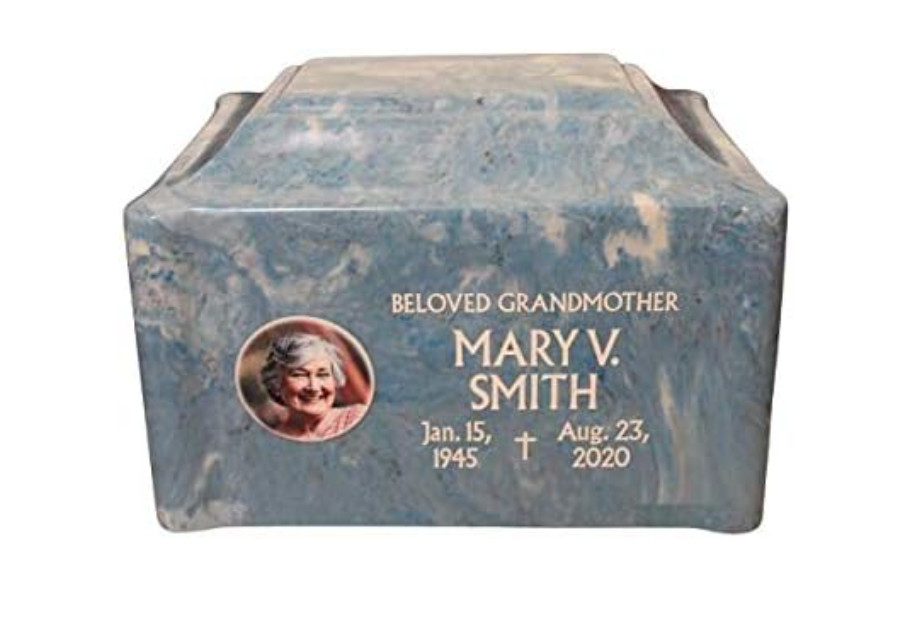 Sky Blue Cremation Urn Vault w/ Photo & Laser Engraved Name Dates & Emblem