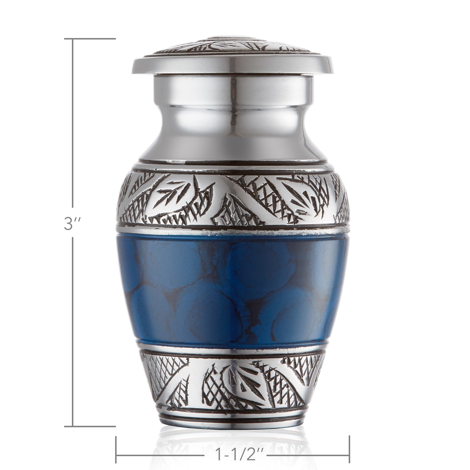 Small Keepsake Cremation Urns for Human Ashes, Set of 6 Blue and Silver w Case