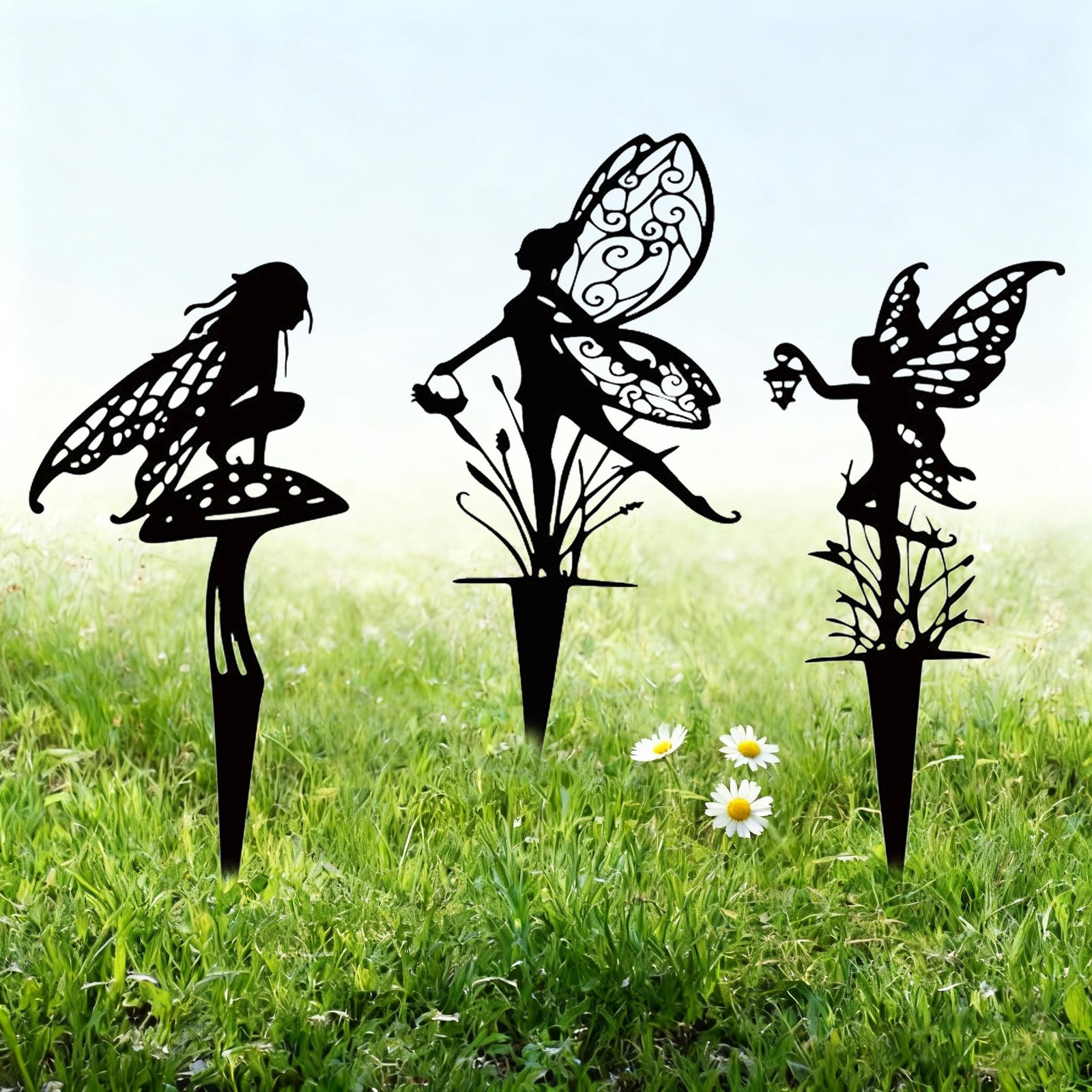 3-Piece Garden Fairy Metal Dancing Dandelion Flower Sculptures Outdoor Style A