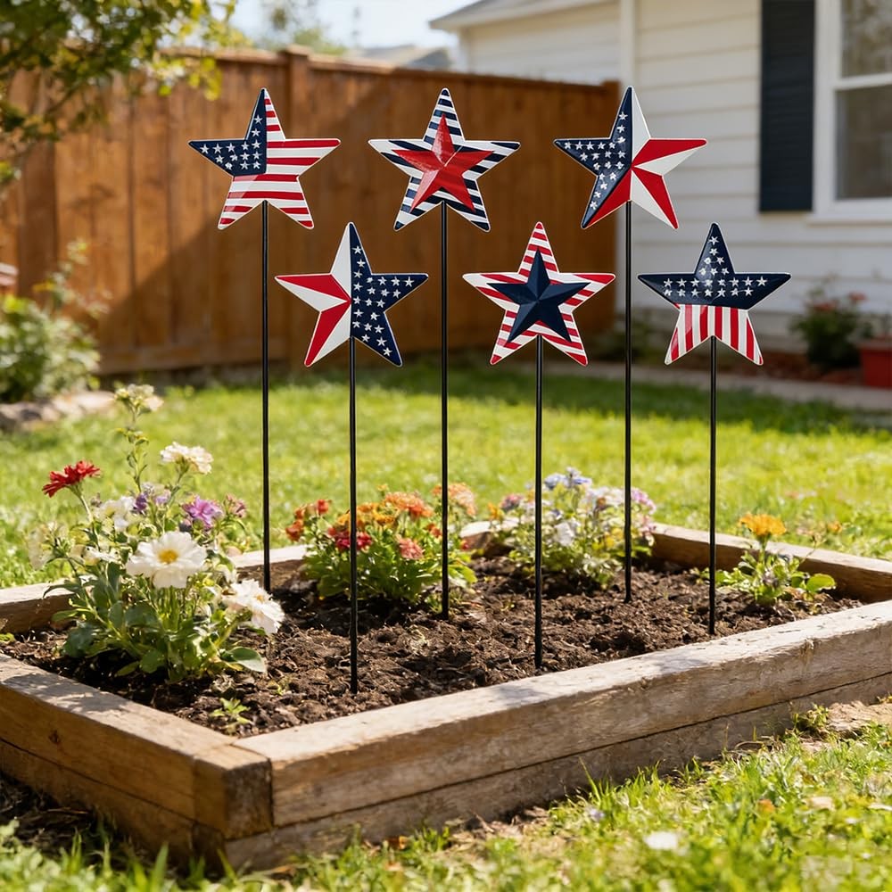 4th of July Outdoor Decorations 6 Metal Patriot Star Garden Stakes