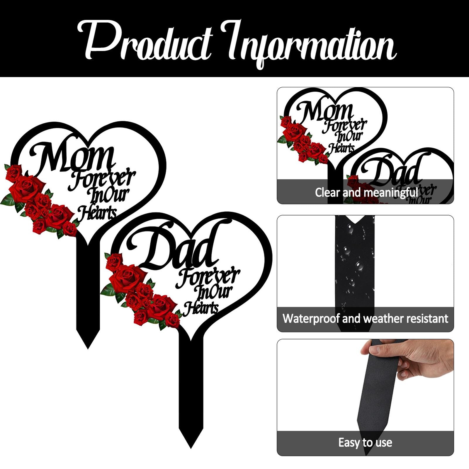 Heart Memorial Grave Marker Stake for Cemetery, Garden, Outdoors Decoration