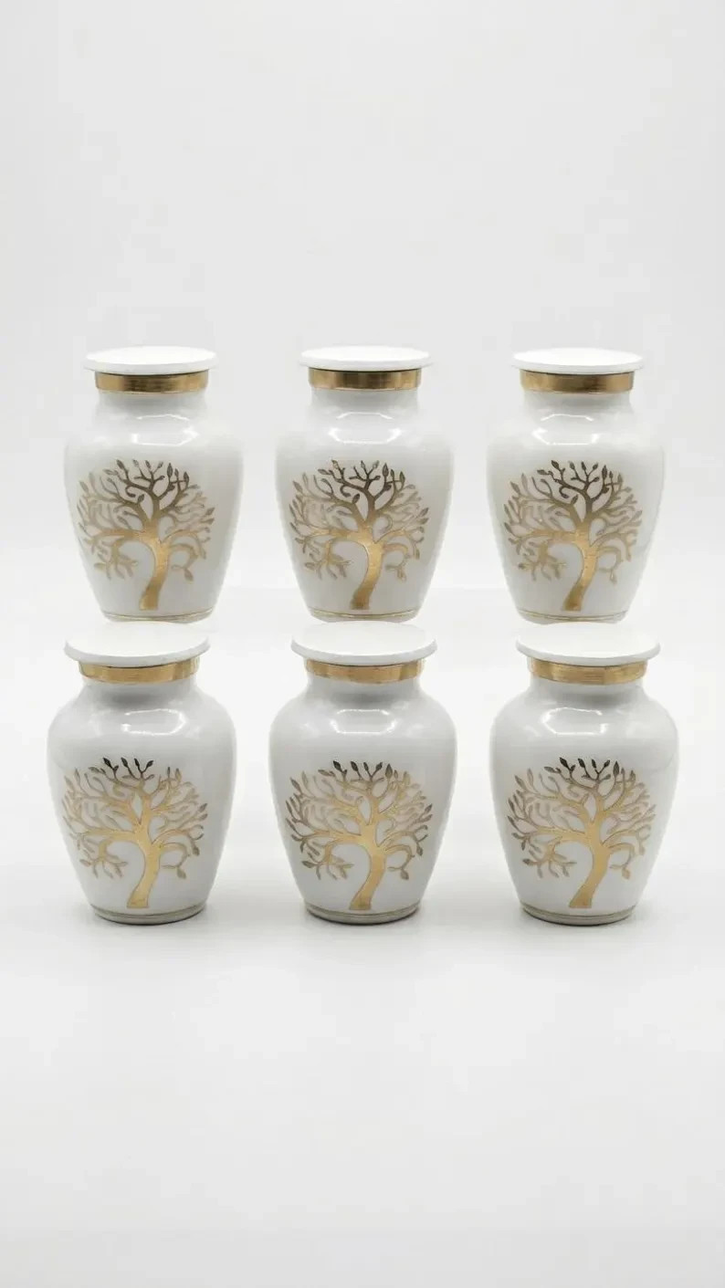 Set of 6 White Brass Keepsake Urns | Gold Tree Life Cremation Ashes
