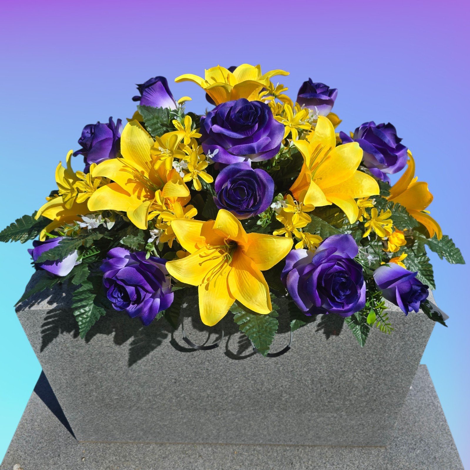 Yellow Trumpet Lily and Purple Elegant rose Headstone saddle for Cemetery
