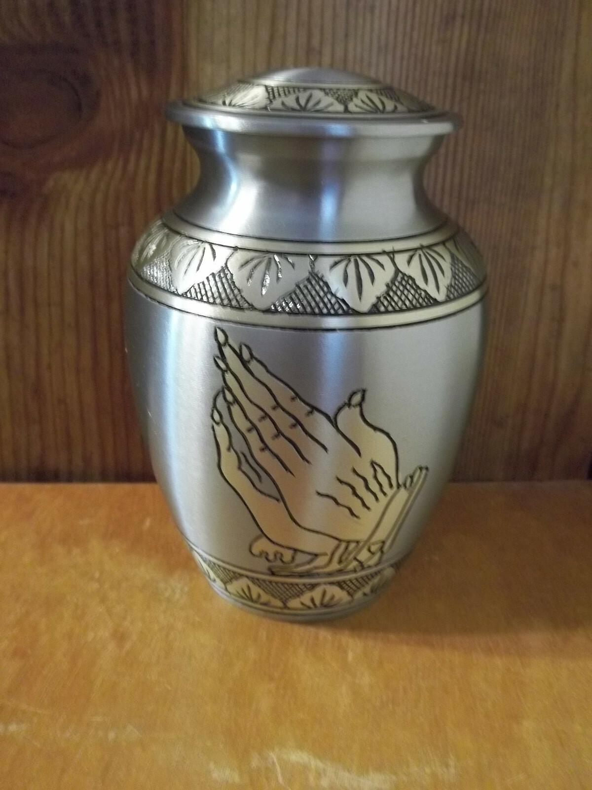 Pewter Athena w/Blk&Bronze Stylized Praying Hands~Brass Urn~6″~ 40 Lbs~Imperfect