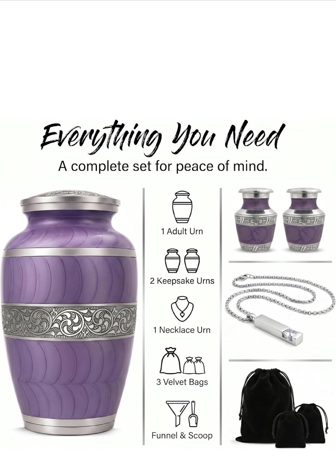 Purple Metal Cremation Urn Set for Adult Ashes with Keepsake and Necklace