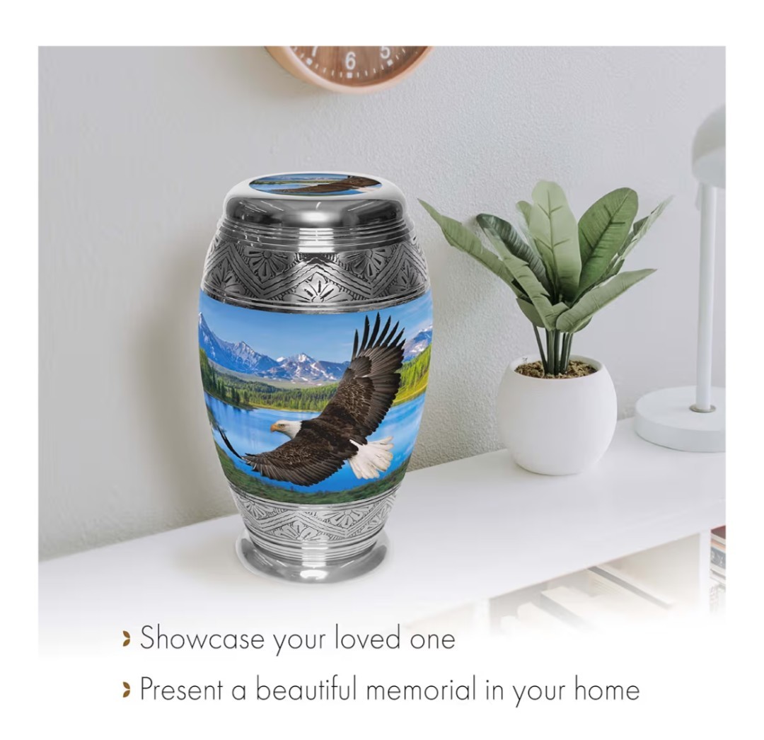 Large 10″ Eagle & Mountain Lake Cremation Urn – Adult Human Ashes Memorial Bag