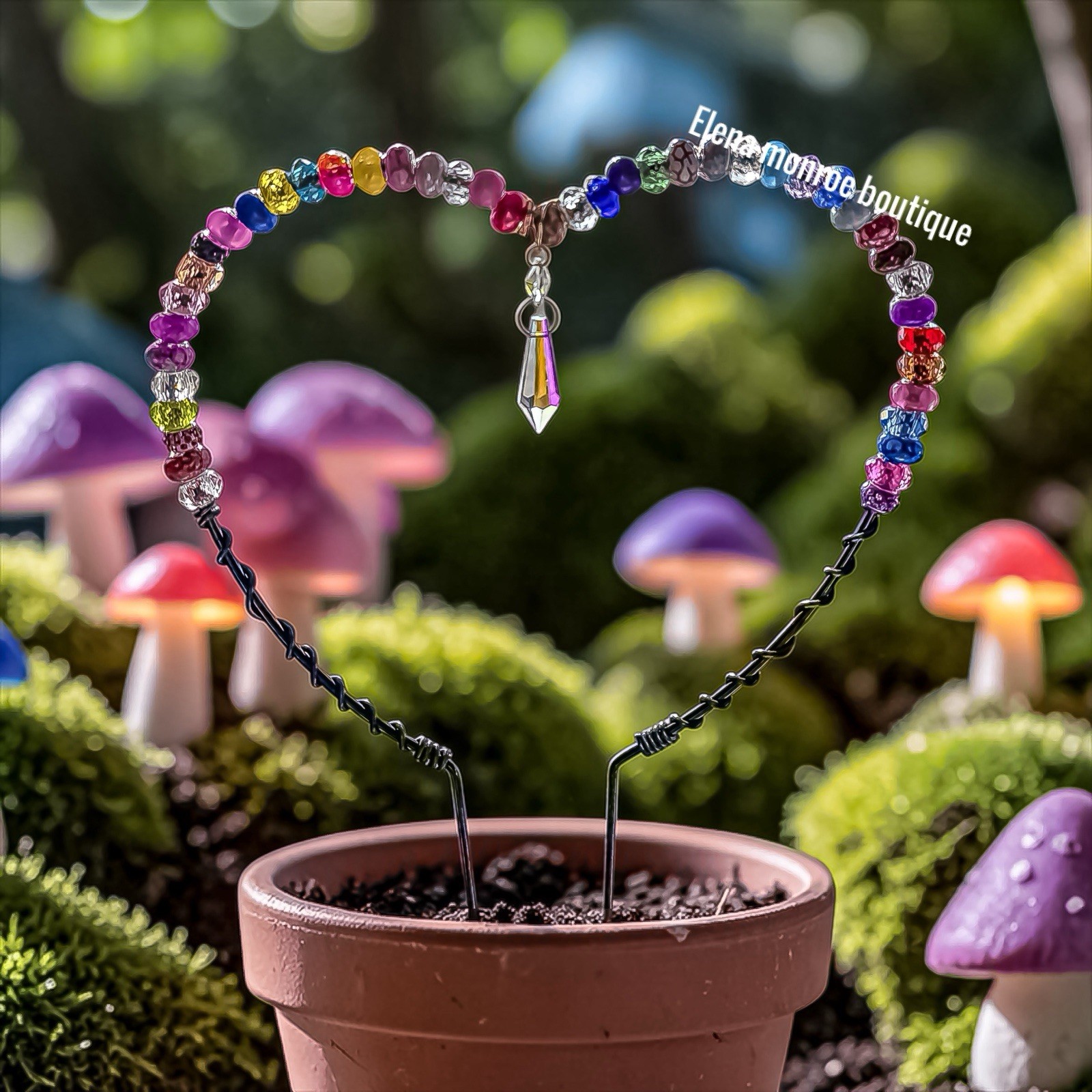Elena Monroe Boutique Multicolor Glass Bead Heart Fairy Garden Stake Outdoor