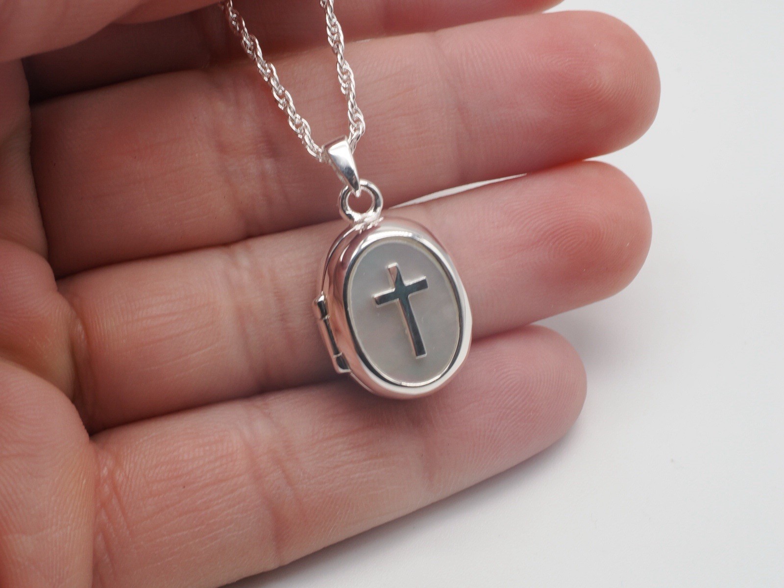 Oval Cross Locket Necklace 925 Silver Pendant Mop Stone Cremation Keepsake