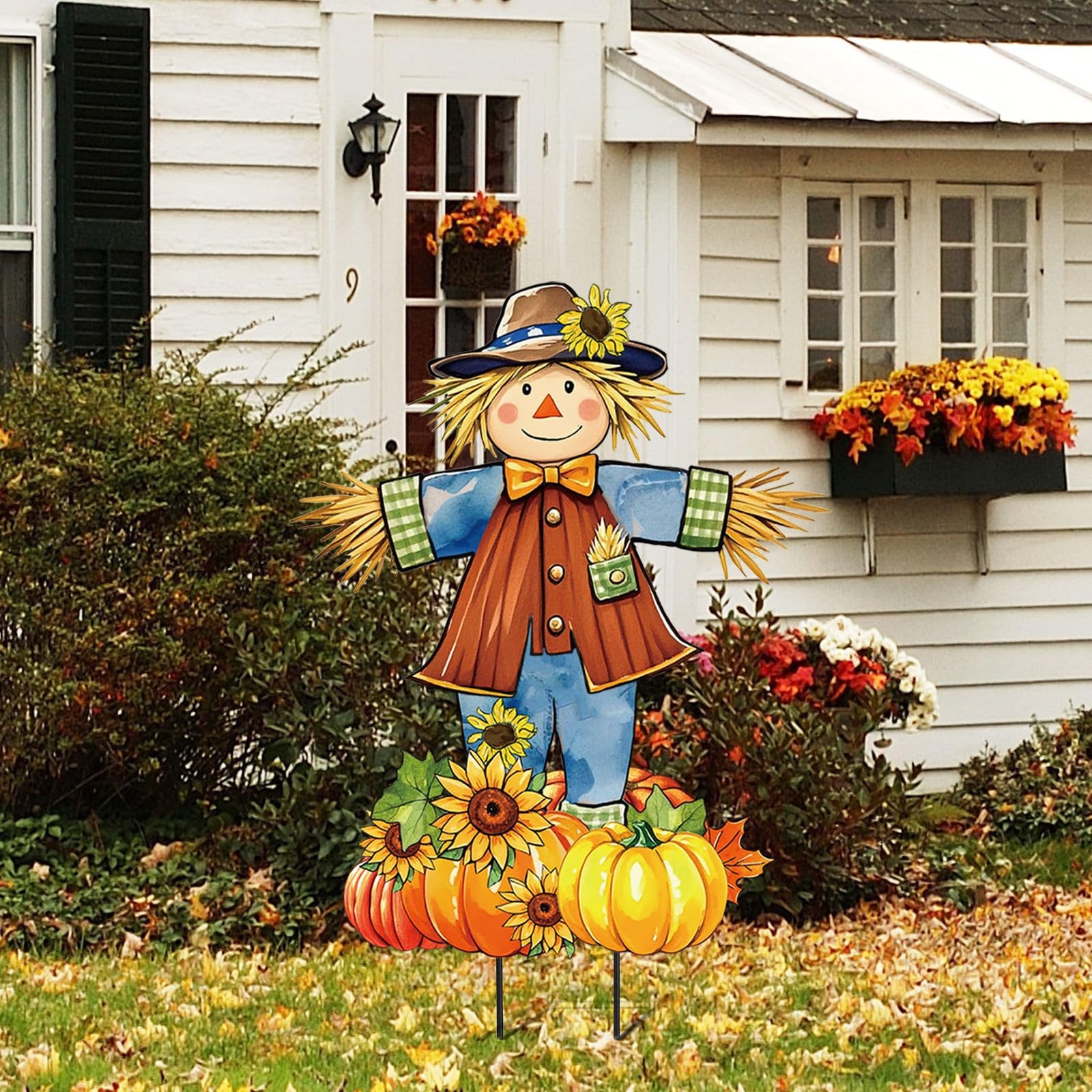 33 Inch Fall Scarecrow Metal Garden Stake Rustic Pumpkin Pile Lawn Yard Sign