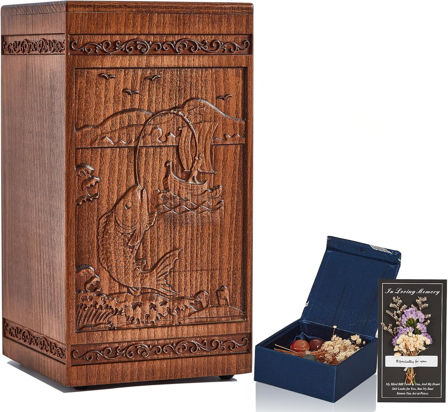 Wooden Urn for Ashes Adult Male Female, Hand-Carved Fishing Pattern Cremation Ur