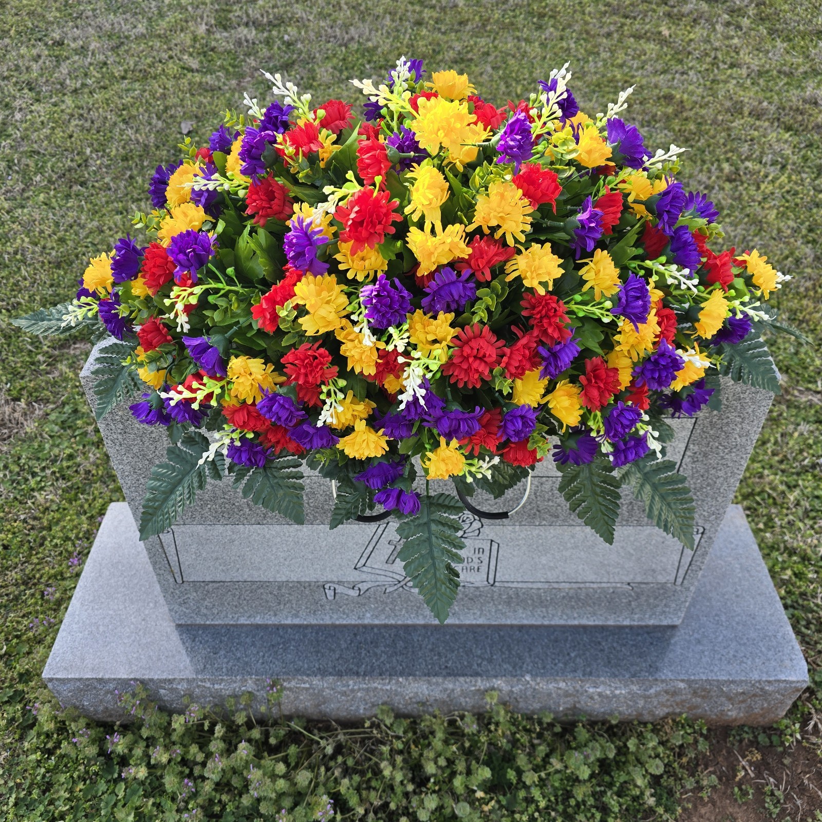MULTI-COLORED MINI-MUM CEMETERY HEADSTONE SADDLE WITH QUALITY MEMORIAL FLOWERS