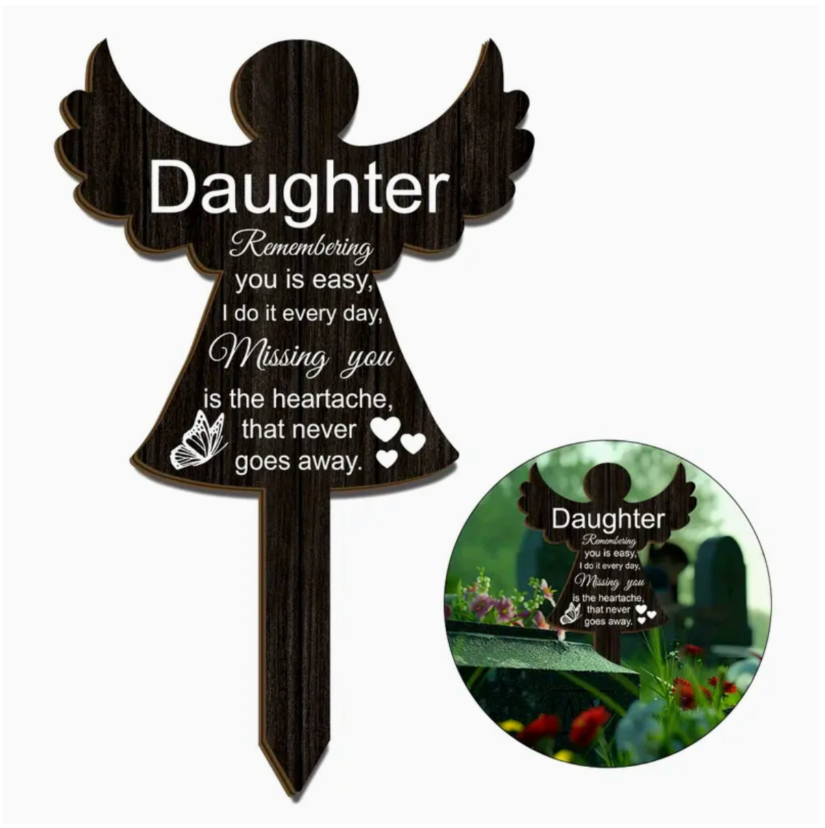 Miss You Memorial Headstone/Graveside Stake for Daughter. Black/White, 8″x5″