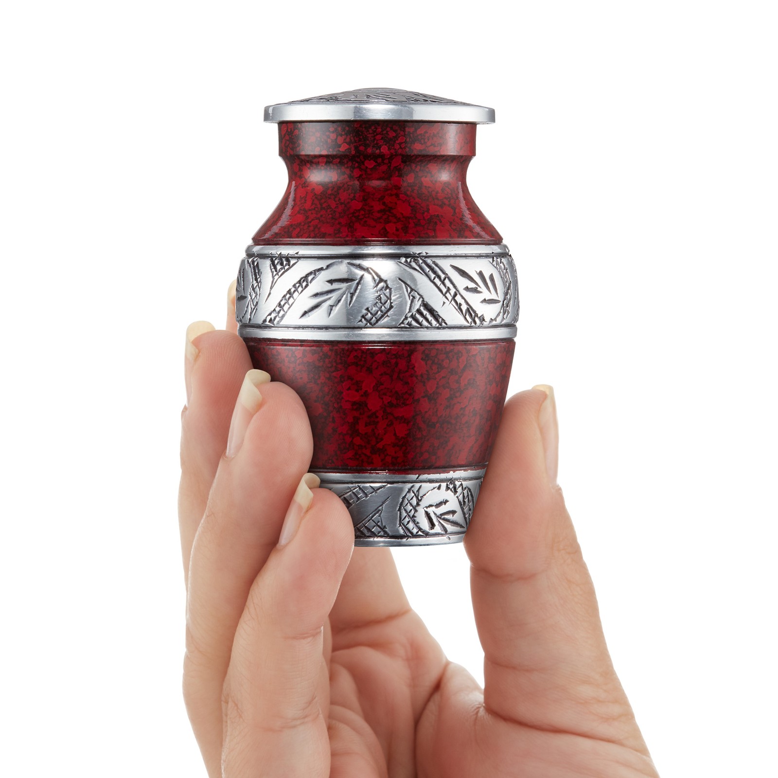 Set of 4 Cremation Urns for Human Ashes, Silver Red Keepsake with Velvet Case