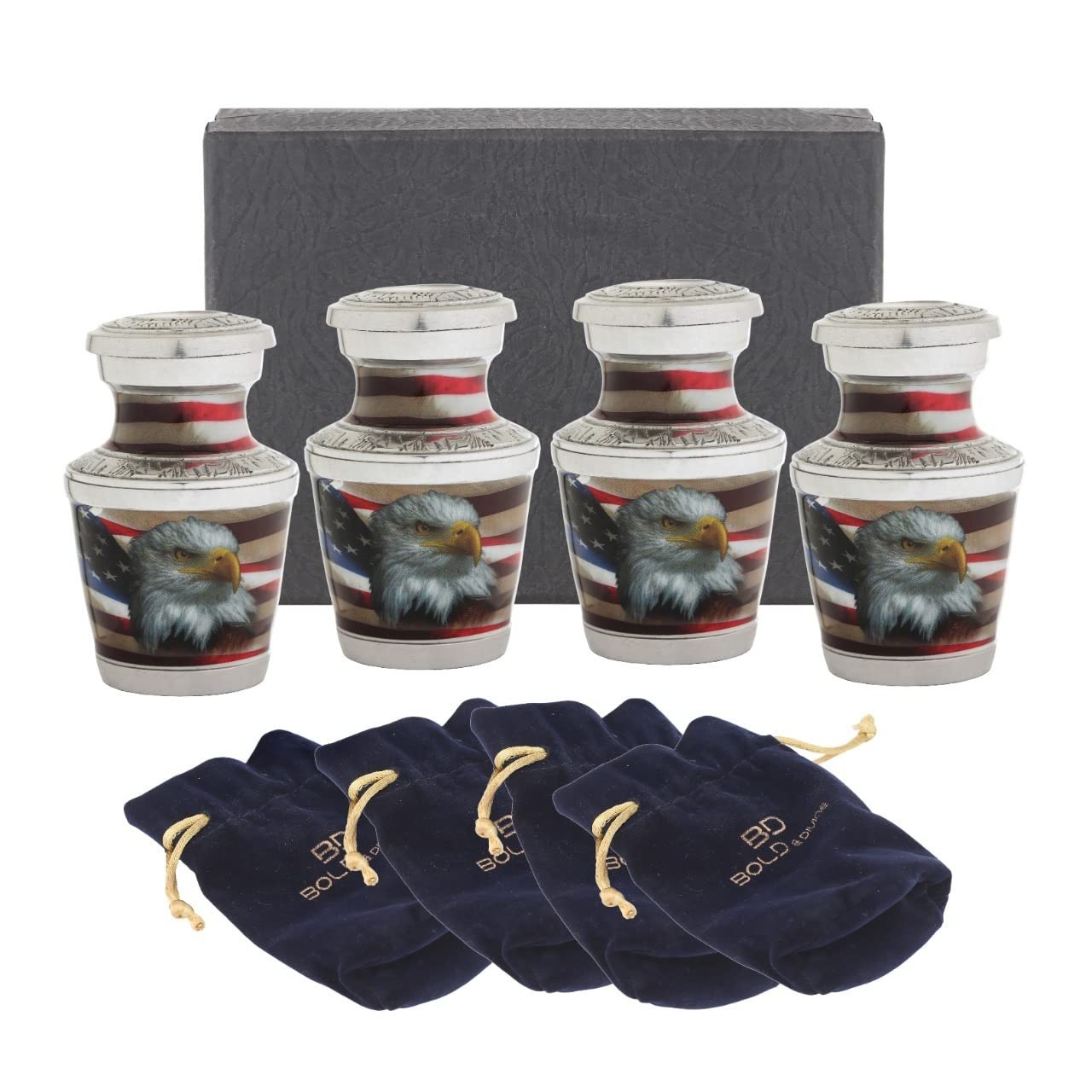 Set of 4 Small Urns for Human Ashes | American Flag Mini Urns | Patriotic Gift B