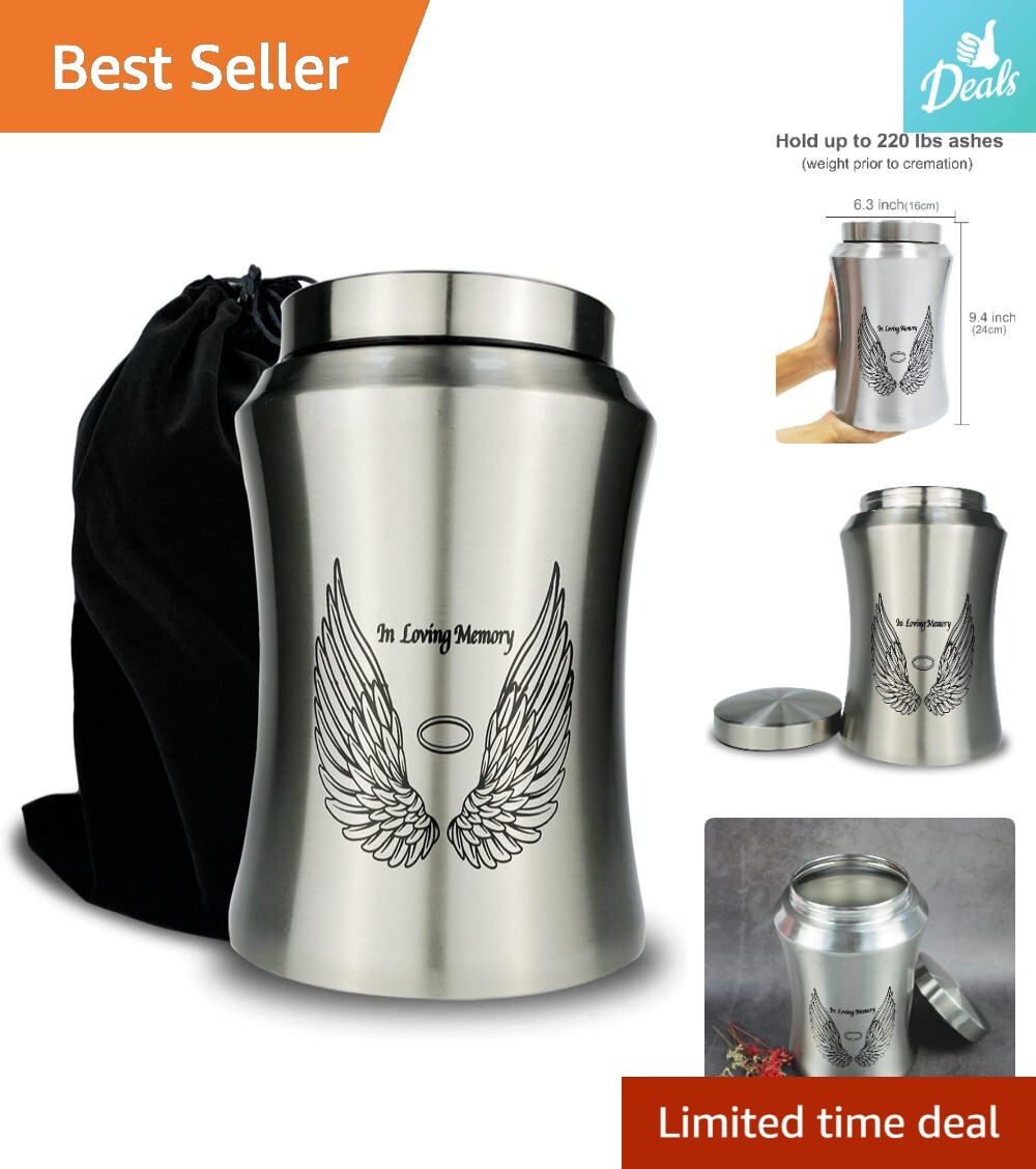 Extra-Large Luxury Premium Cremation Urn – Angel Wings Design – Velvet Bag