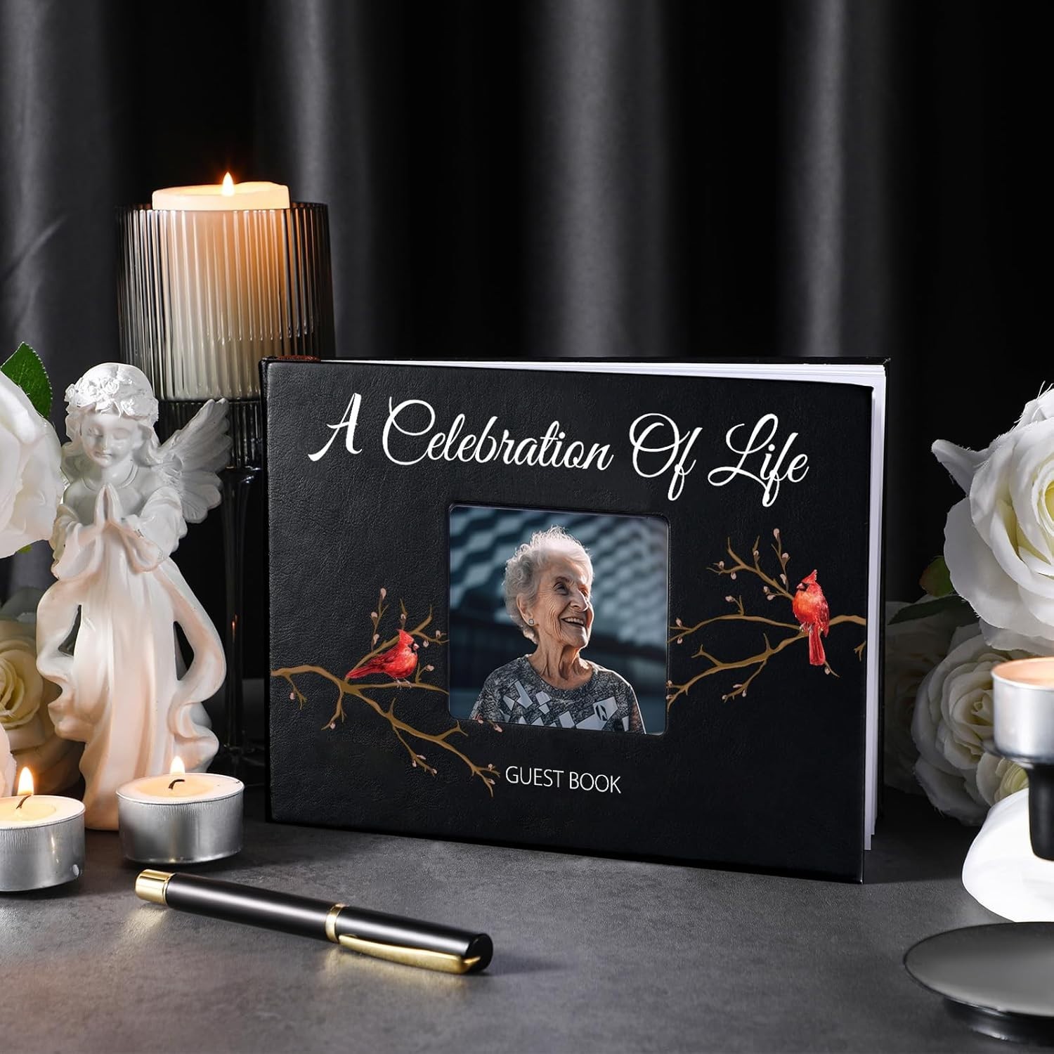 144-Page Cardinal Memorial Guest Book with Pen – Cherished Keepsake for Funerals